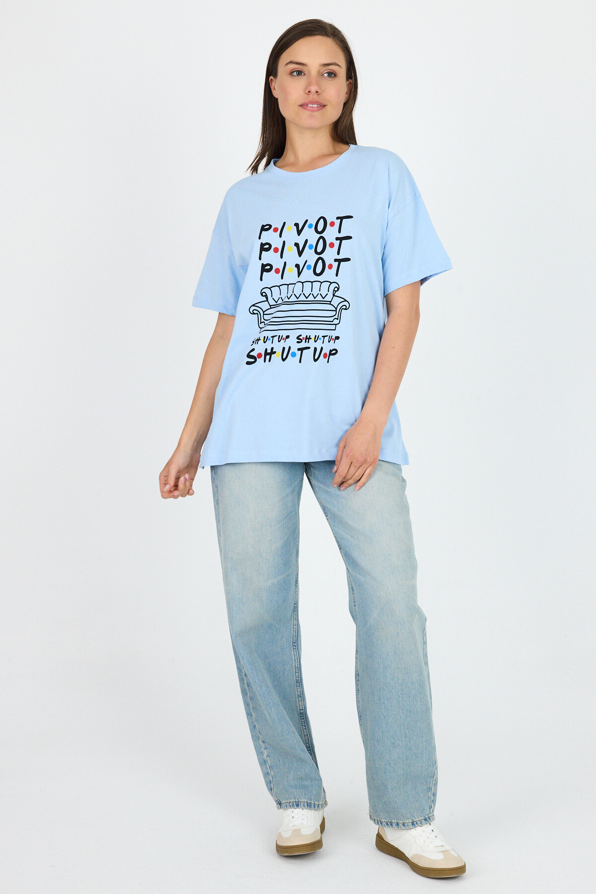 Mavi Yazı Baskılı %100 Pamuk Oversize Tişört 2150-10M - RAYS