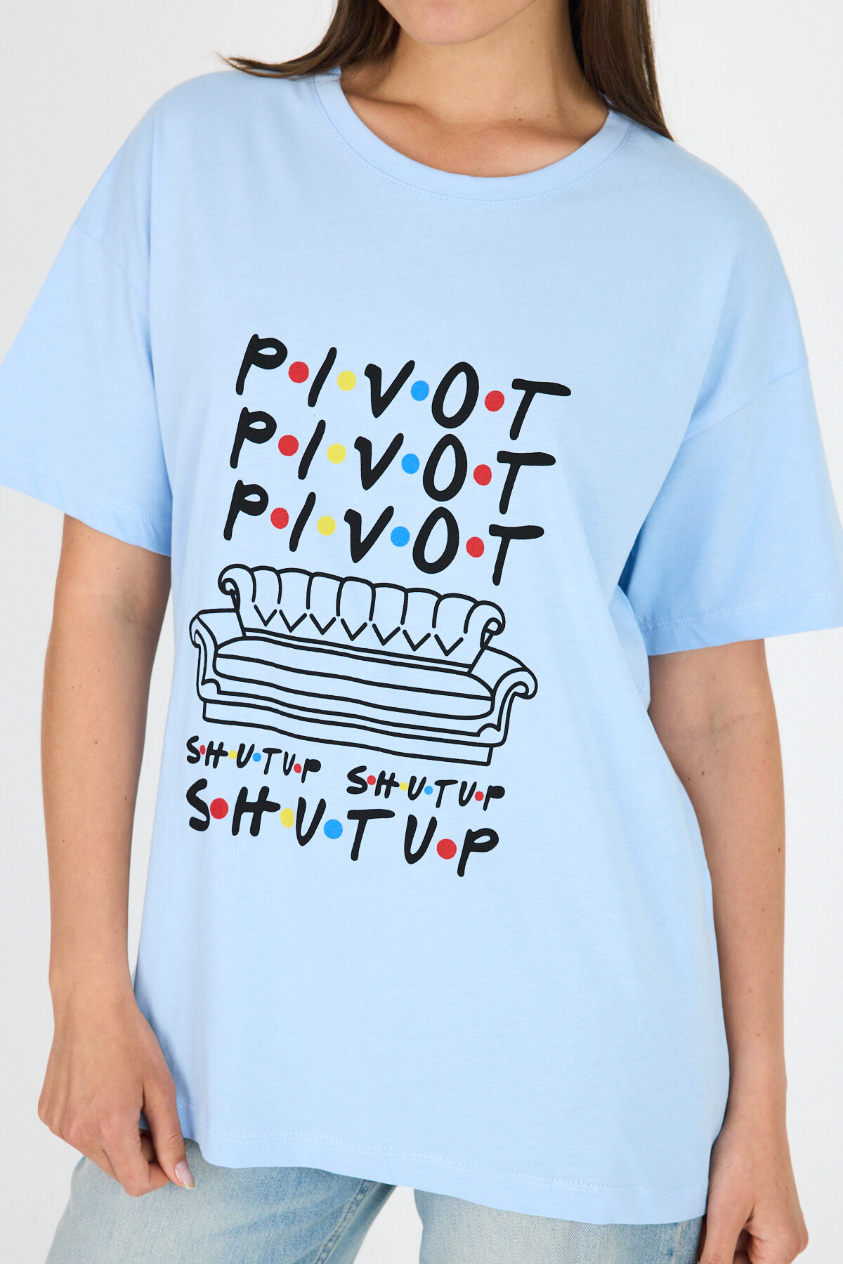 Mavi Yazı Baskılı %100 Pamuk Oversize Tişört 2150-10M - RAYS