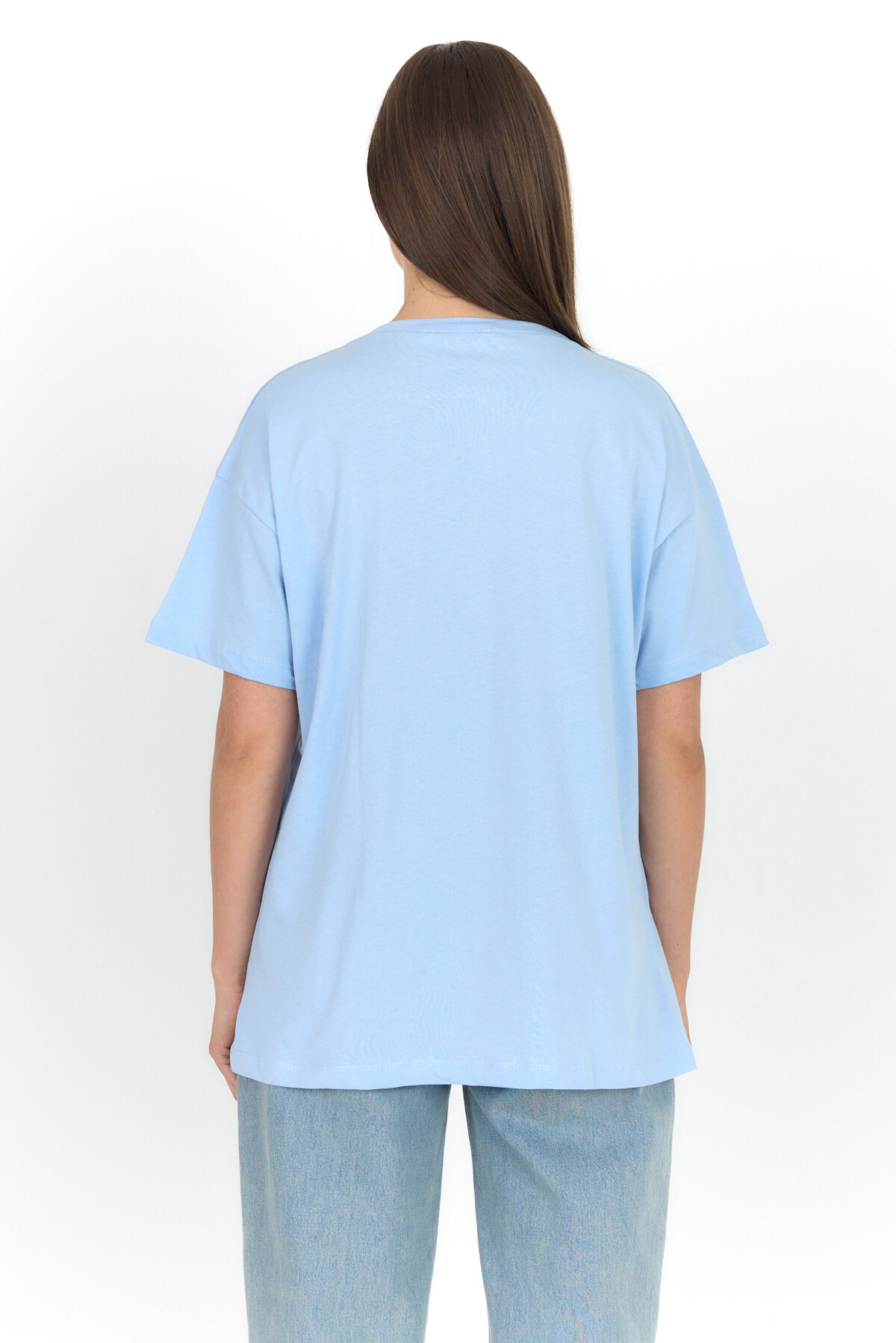 Mavi Yazı Baskılı %100 Pamuk Oversize Tişört 2150-10M - 5