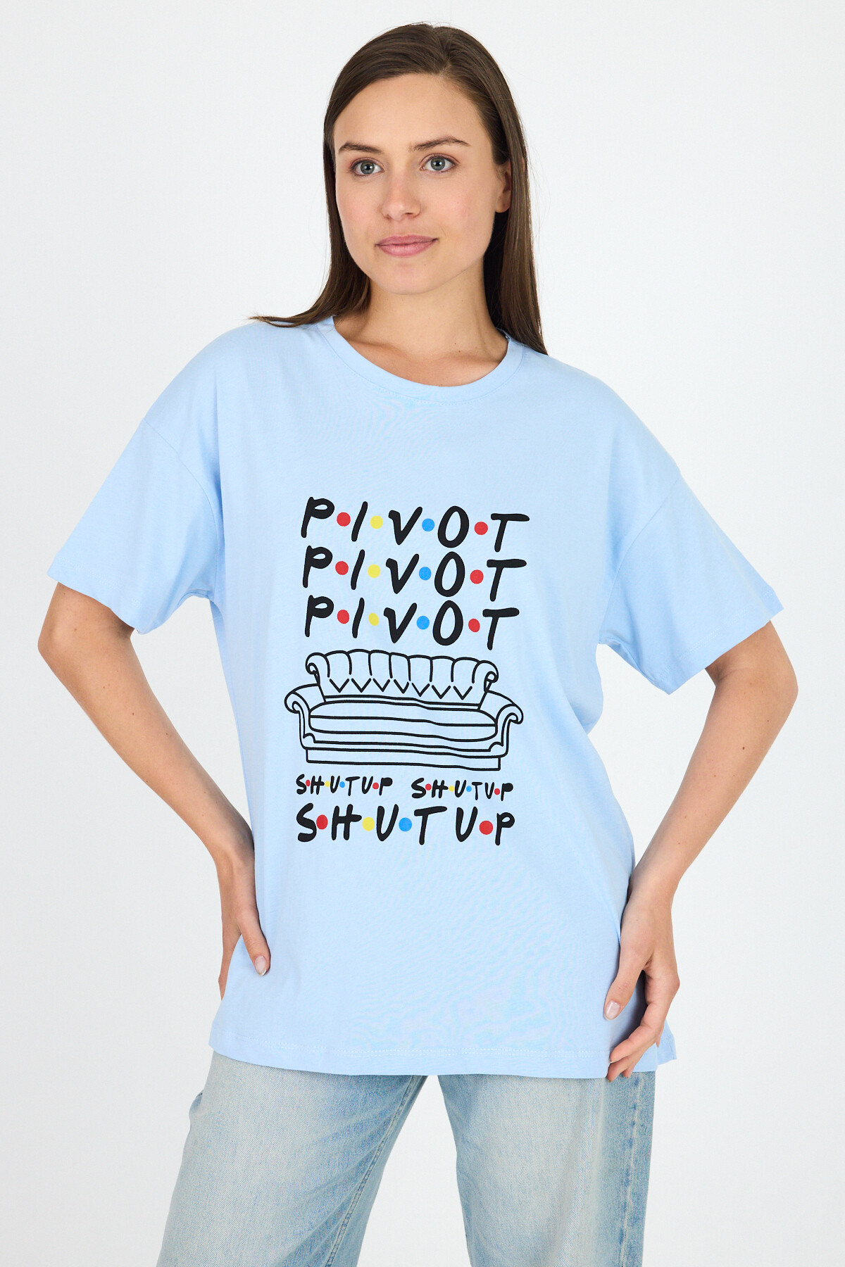 Mavi Yazı Baskılı %100 Pamuk Oversize Tişört 2150-10M - 2