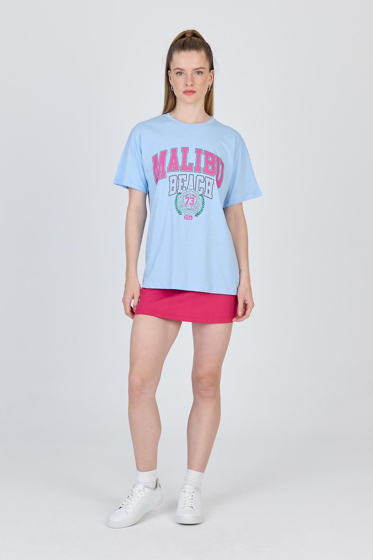 Mavi Yazı Baskılı %100 Pamuk Oversize Tişört 2150-17M - 2