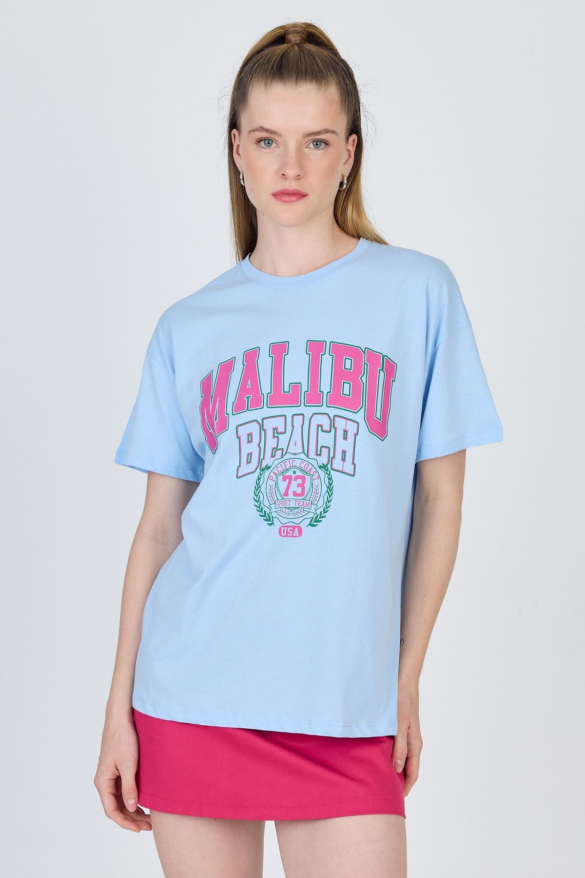 Mavi Yazı Baskılı %100 Pamuk Oversize Tişört 2150-17M - 3