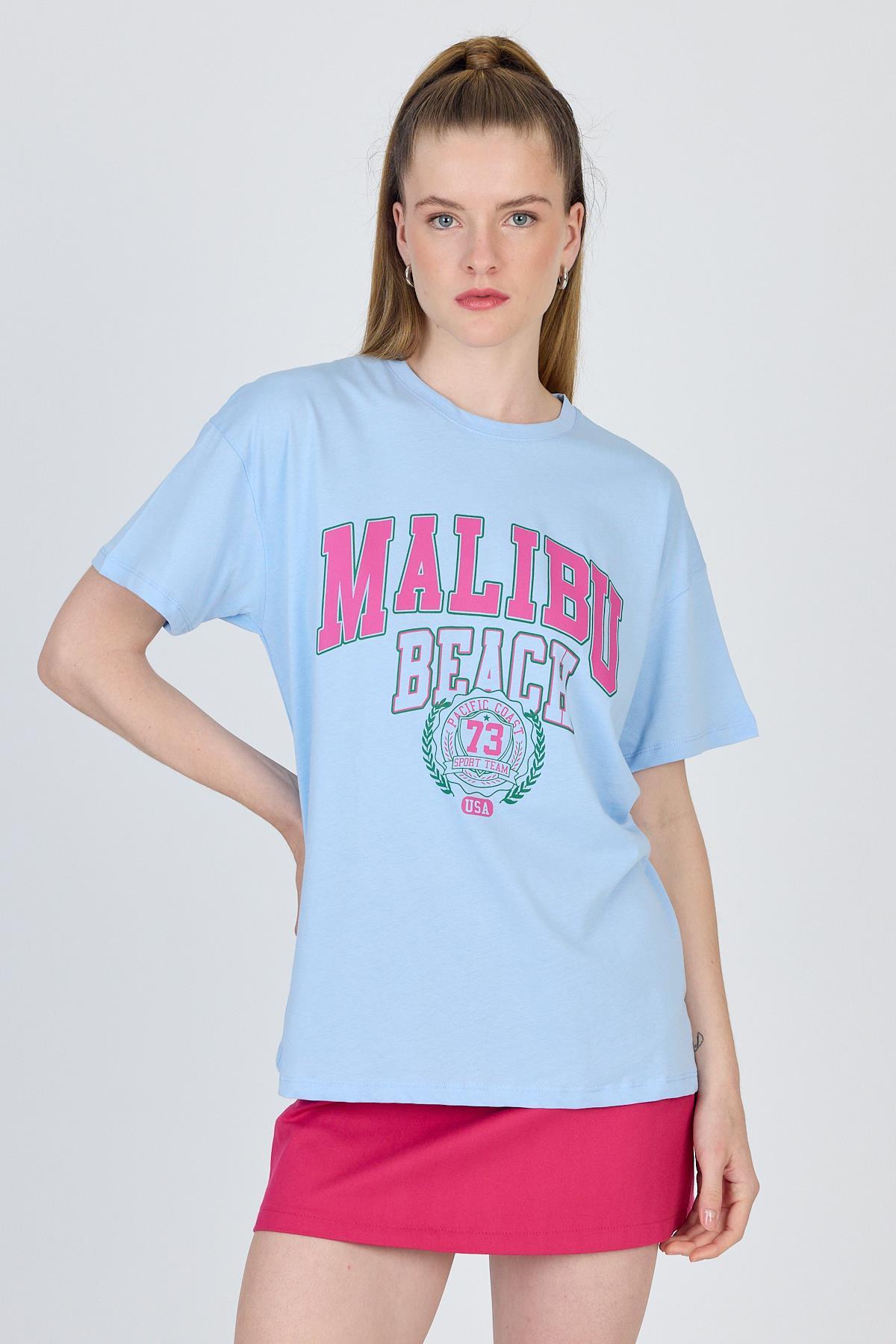 Mavi Yazı Baskılı %100 Pamuk Oversize Tişört 2150-17M - 1