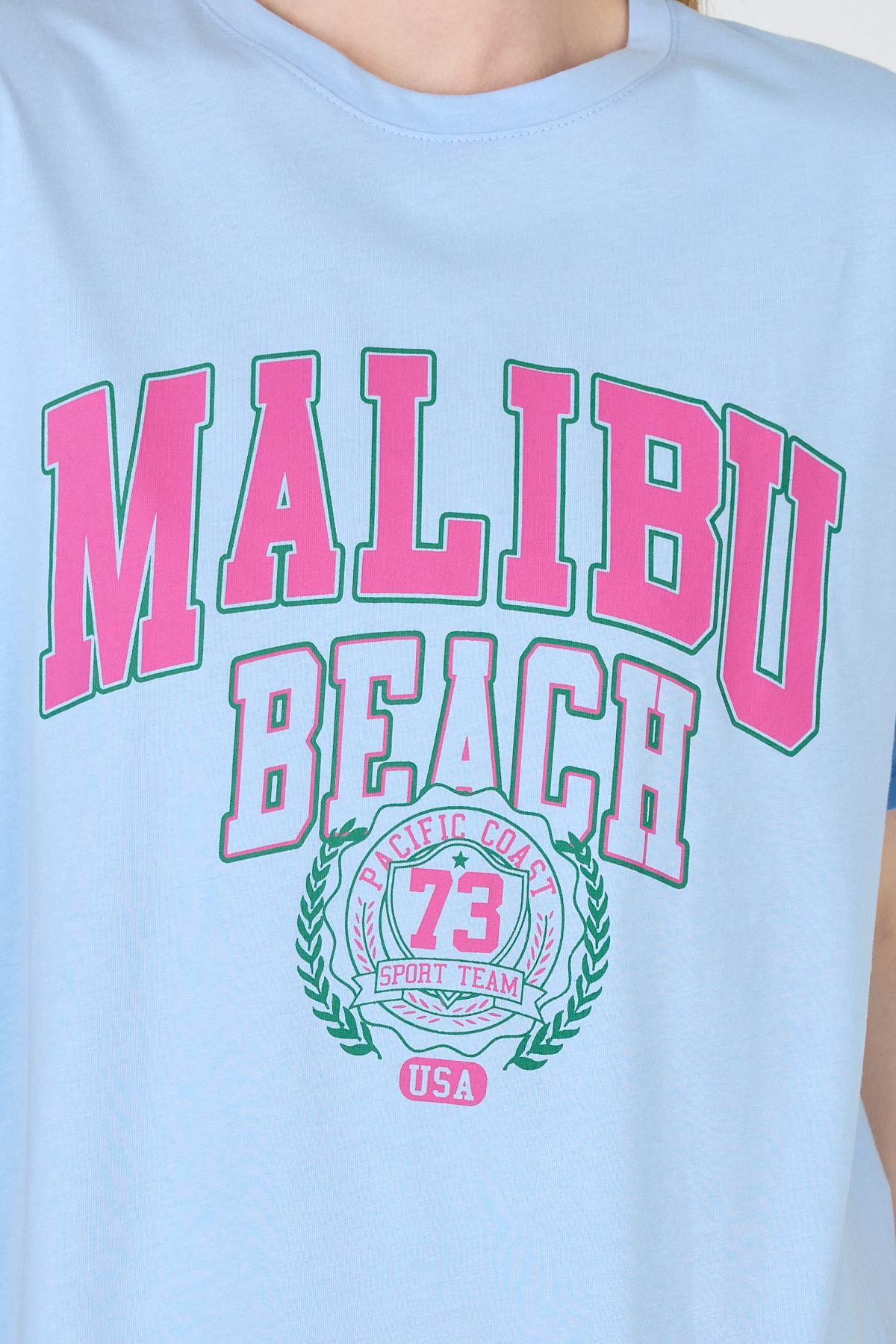 Mavi Yazı Baskılı %100 Pamuk Oversize Tişört 2150-17M - 4