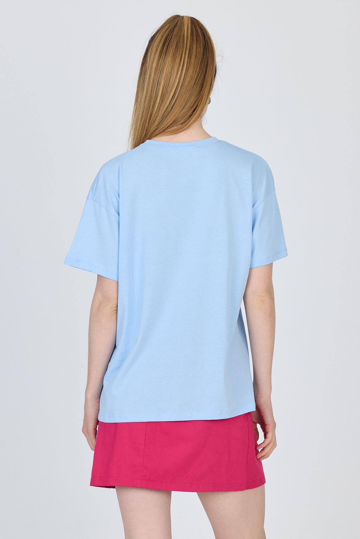 Mavi Yazı Baskılı %100 Pamuk Oversize Tişört 2150-17M - 5