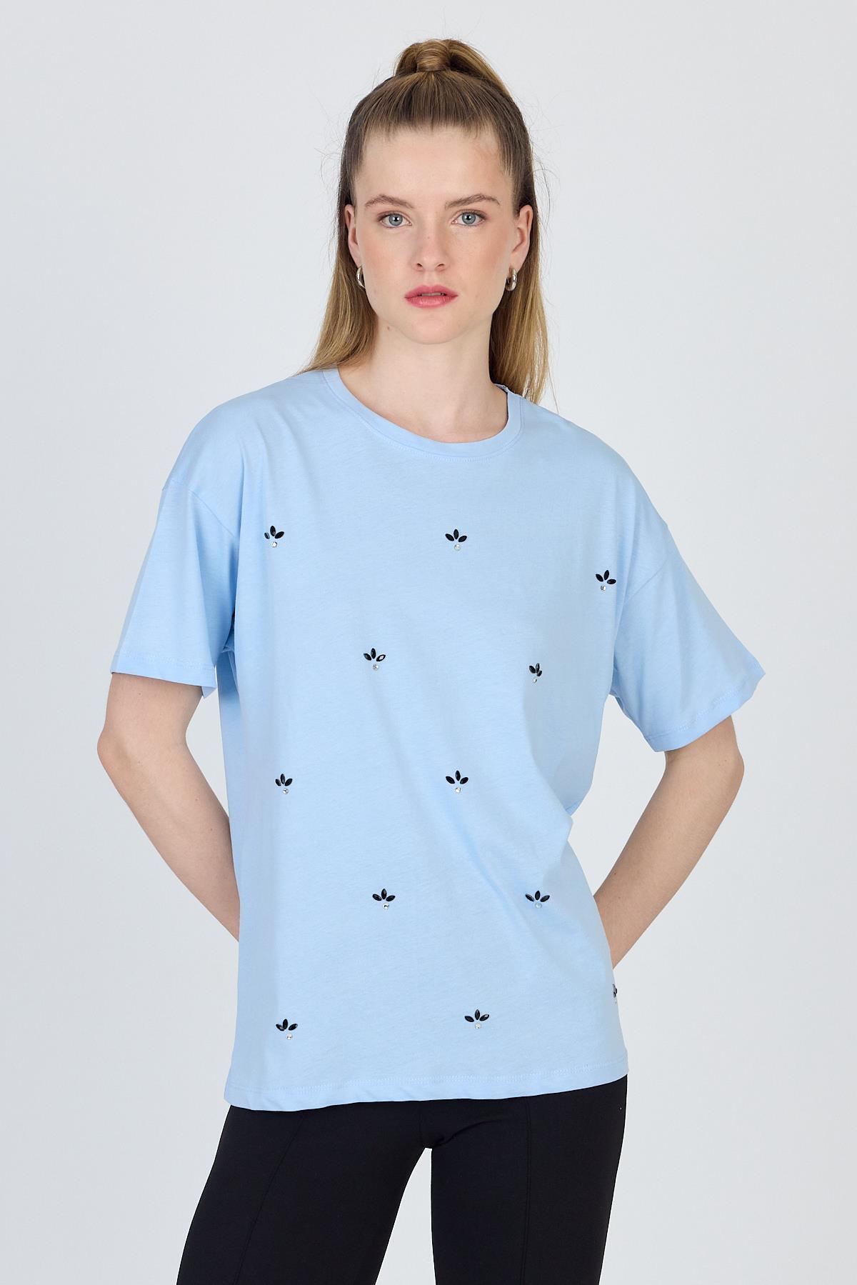 Mavi Yazı Baskılı %100 Pamuk Oversize Tişört 2150-18M - RAYS