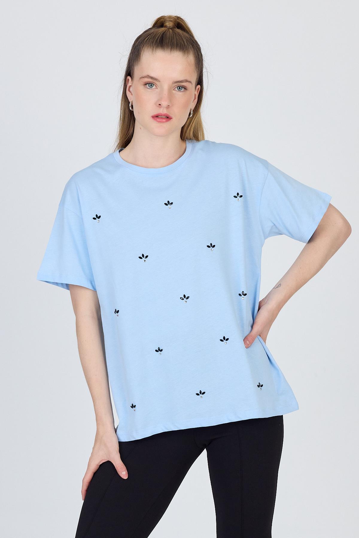 Mavi Yazı Baskılı %100 Pamuk Oversize Tişört 2150-18M - 2