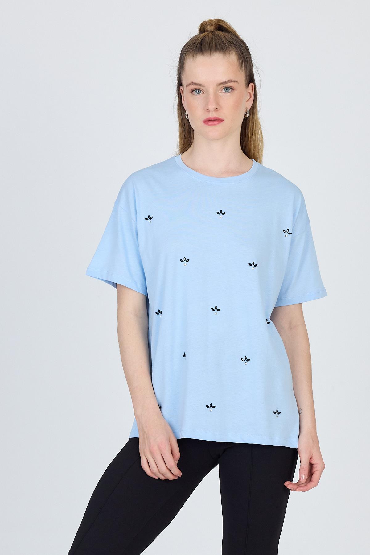 Mavi Yazı Baskılı %100 Pamuk Oversize Tişört 2150-18M - RAYS