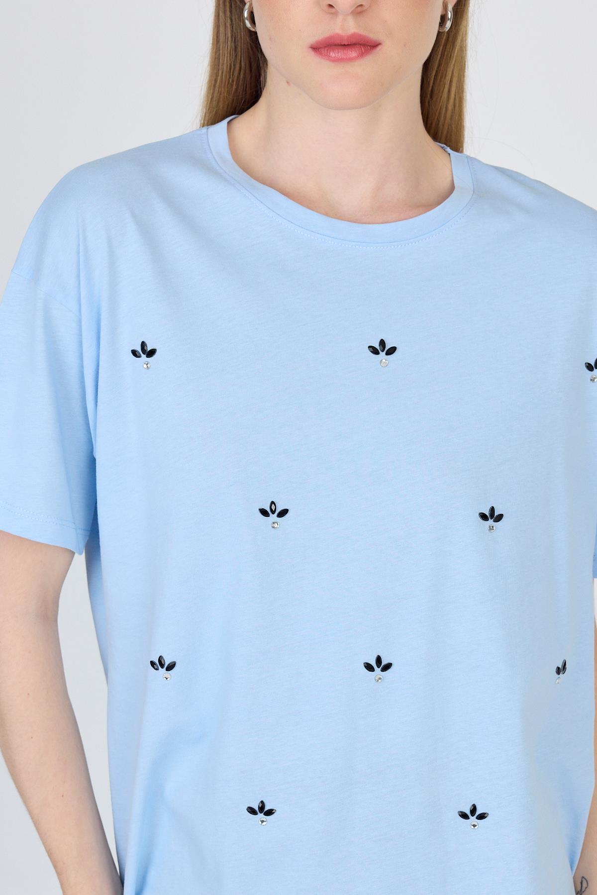 Mavi Yazı Baskılı %100 Pamuk Oversize Tişört 2150-18M - RAYS