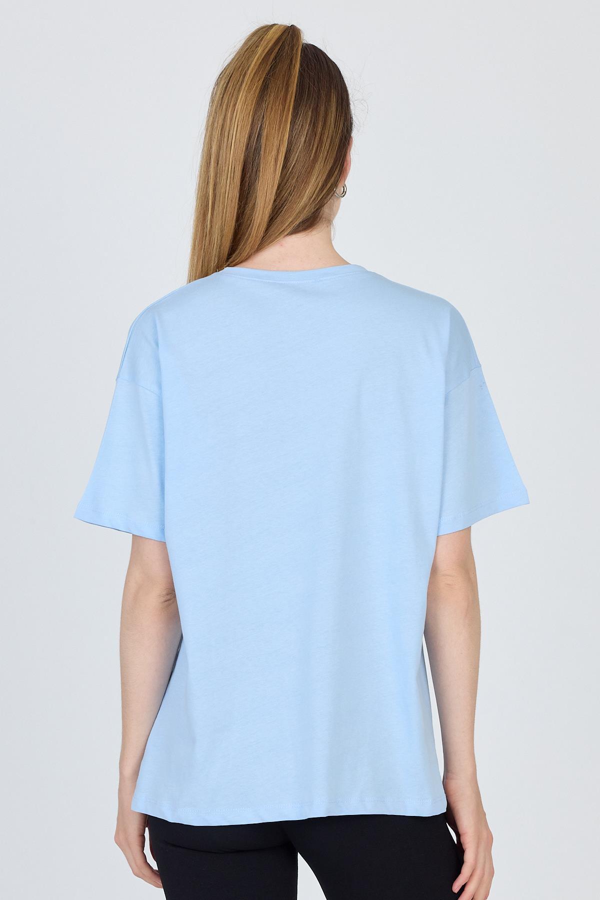Mavi Yazı Baskılı %100 Pamuk Oversize Tişört 2150-18M - 5