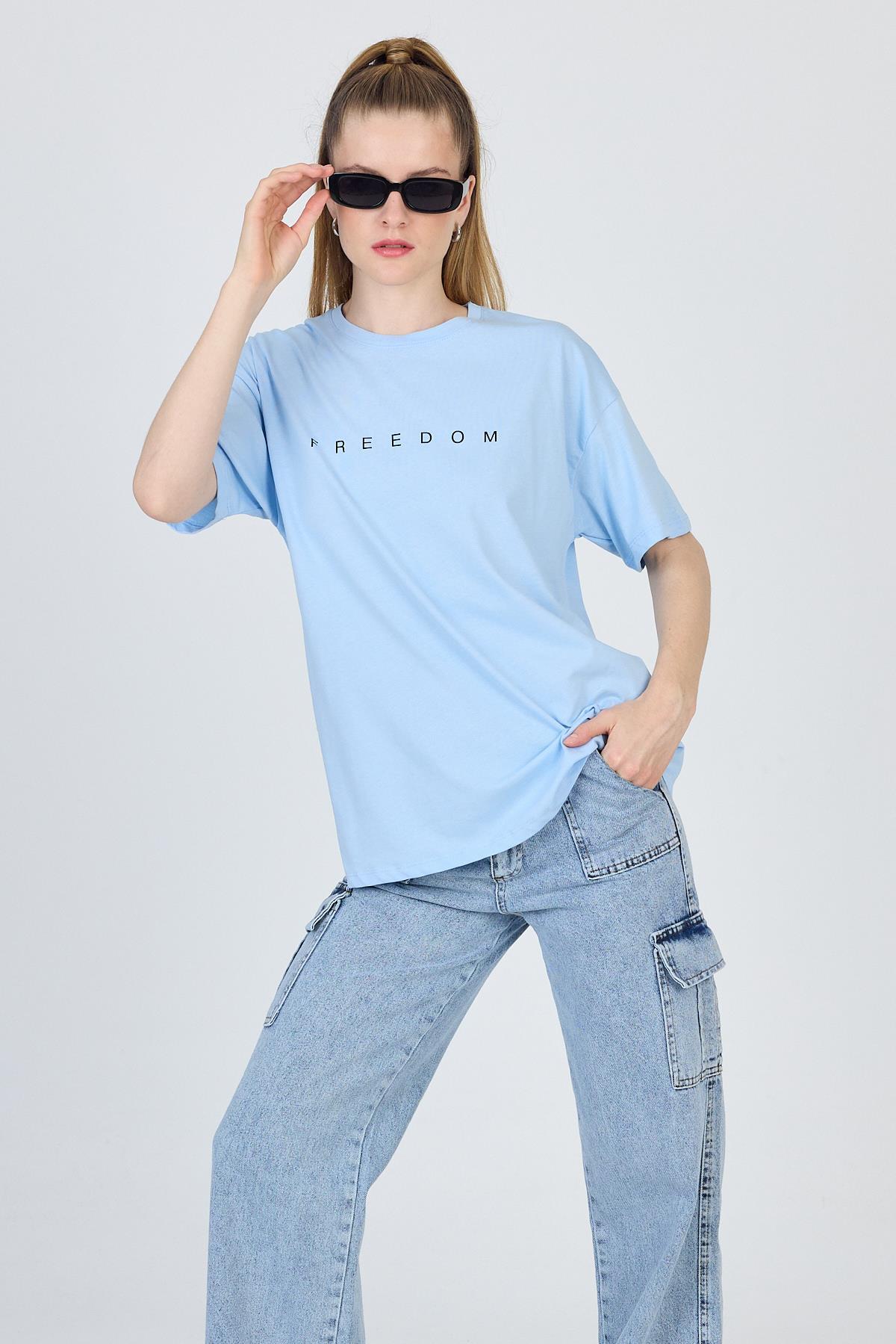Mavi Yazı Baskılı %100 Pamuk Oversize Tişört 2150-3M - 1