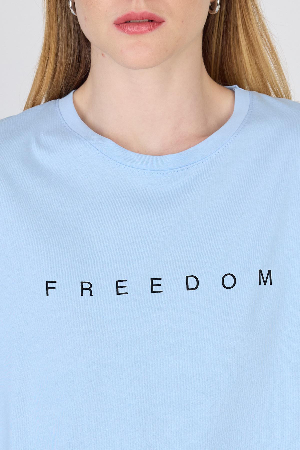 Mavi Yazı Baskılı %100 Pamuk Oversize Tişört 2150-3M - RAYS