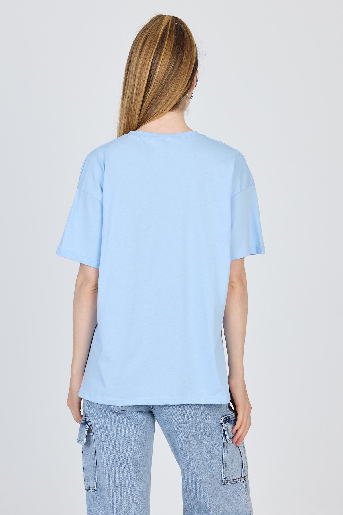 Mavi Yazı Baskılı %100 Pamuk Oversize Tişört 2150-3M - 5
