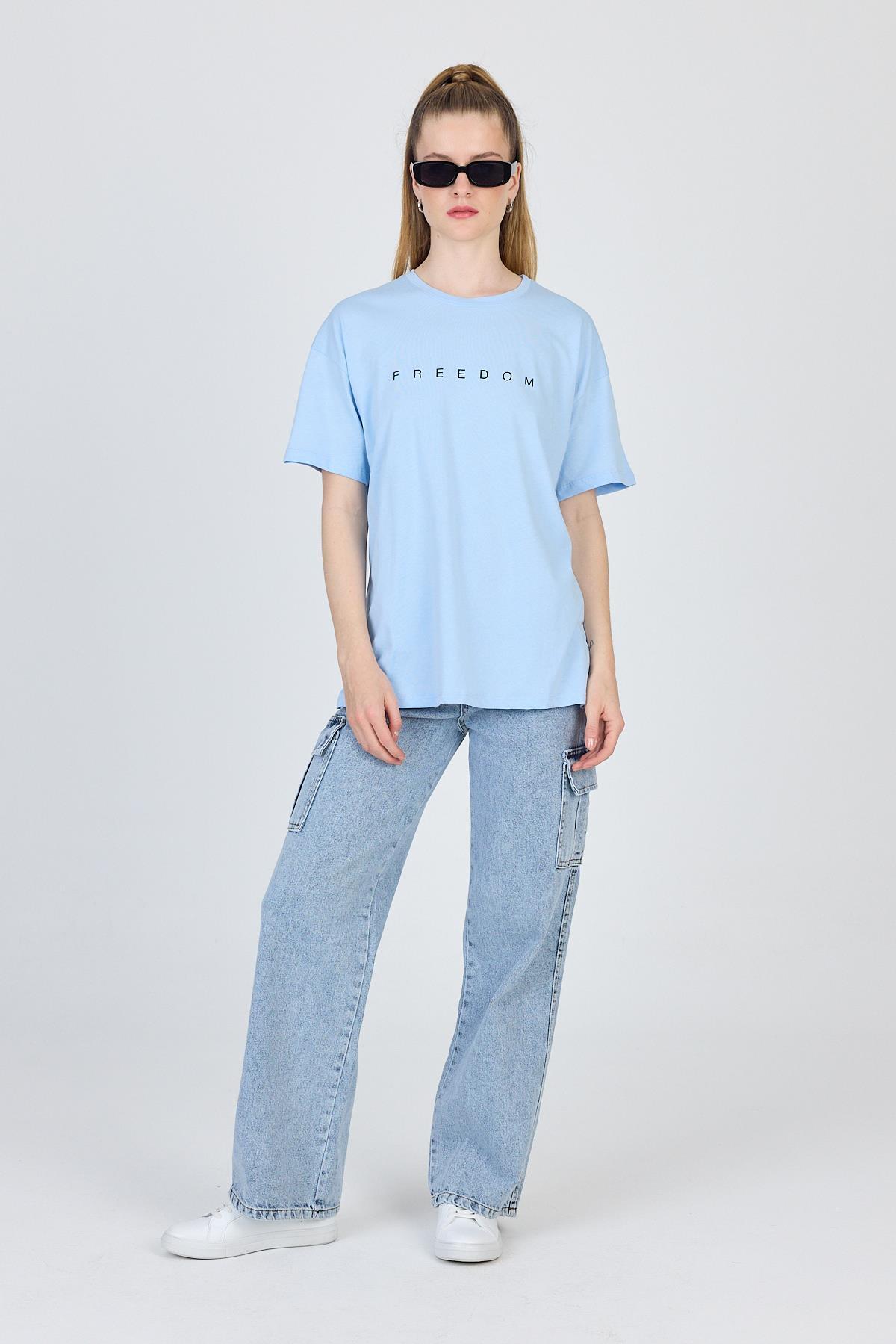 Mavi Yazı Baskılı %100 Pamuk Oversize Tişört 2150-3M - 7
