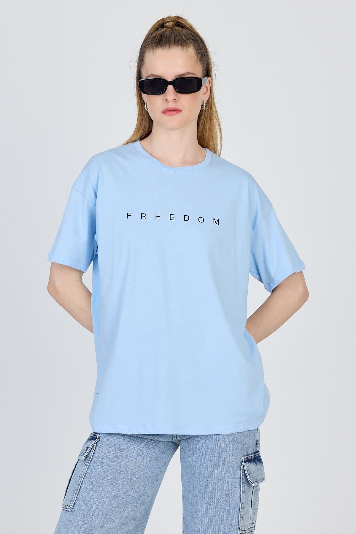 Mavi Yazı Baskılı %100 Pamuk Oversize Tişört 2150-3M - 8