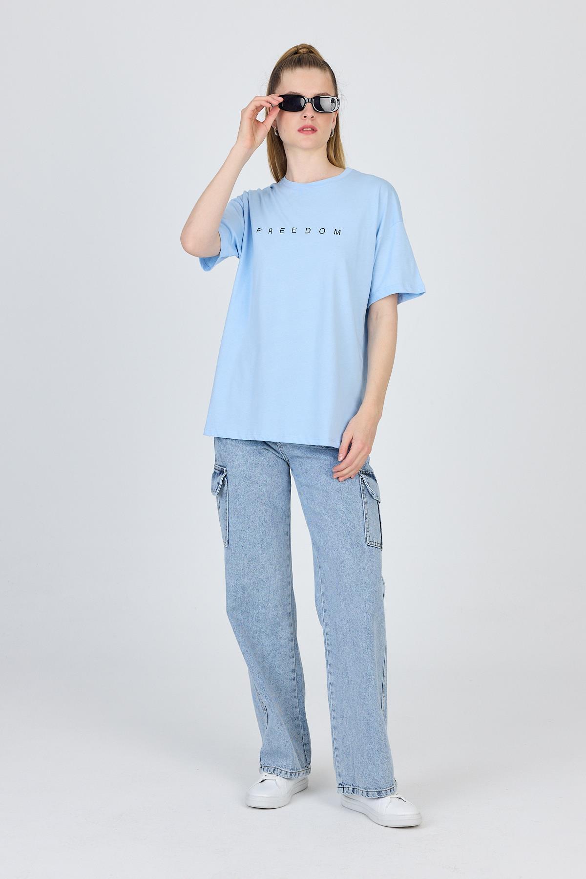 Mavi Yazı Baskılı %100 Pamuk Oversize Tişört 2150-3M - 3