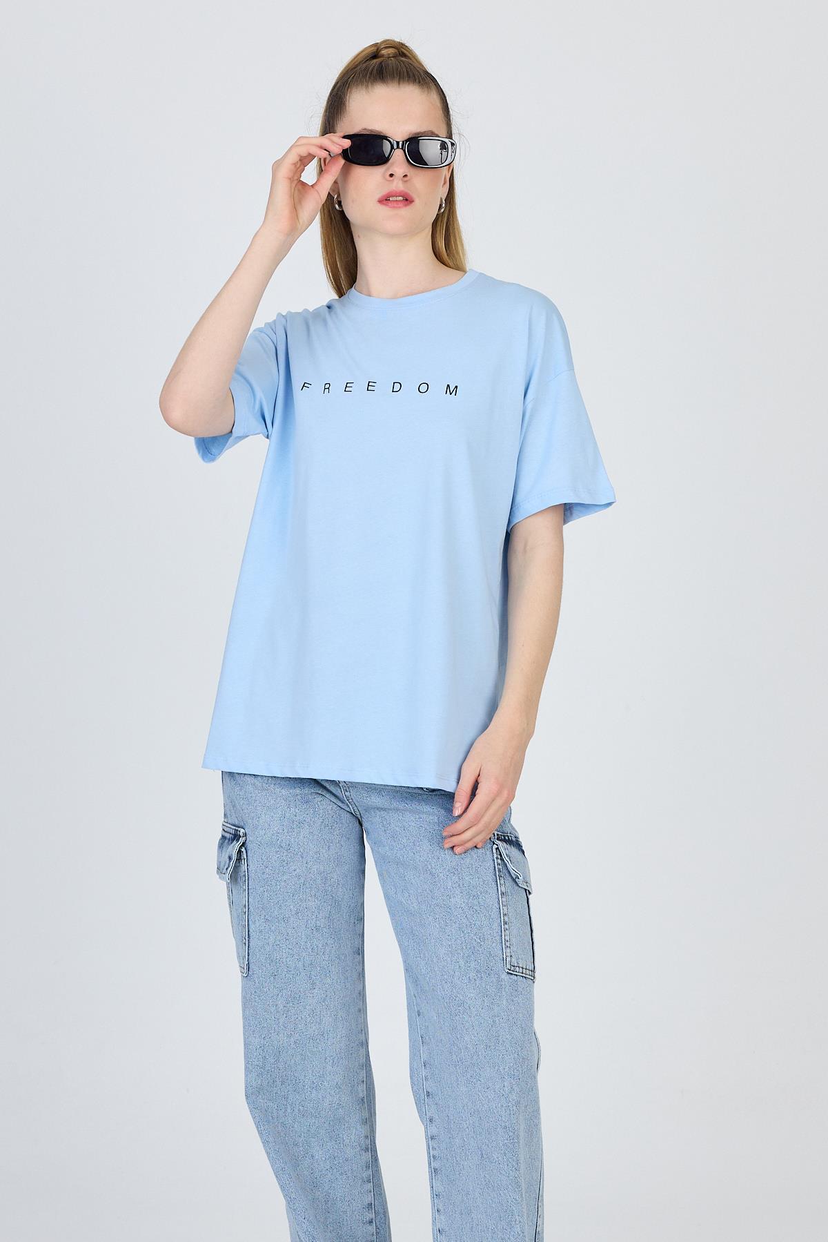 Mavi Yazı Baskılı %100 Pamuk Oversize Tişört 2150-3M - 6