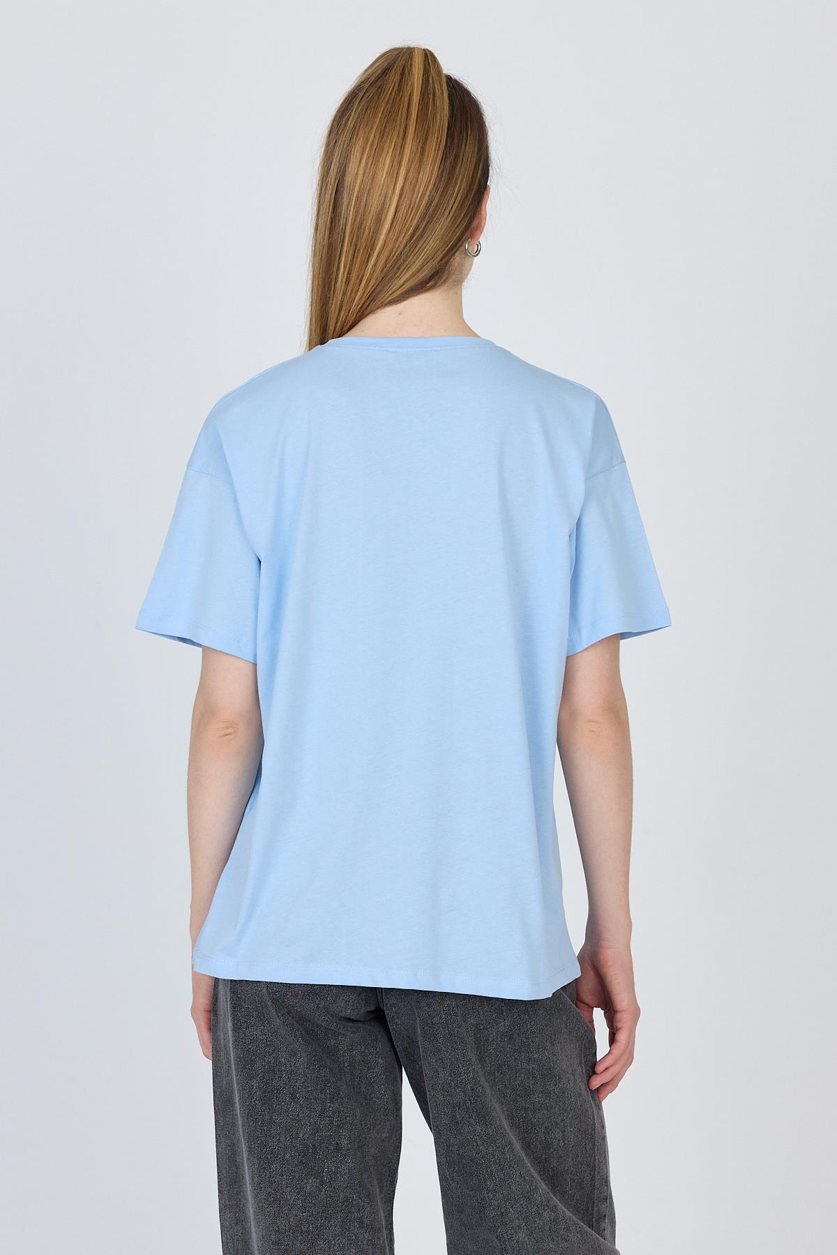 Mavi Yazı Baskılı %100 Pamuk Oversize Tişört 2150-5M - 5