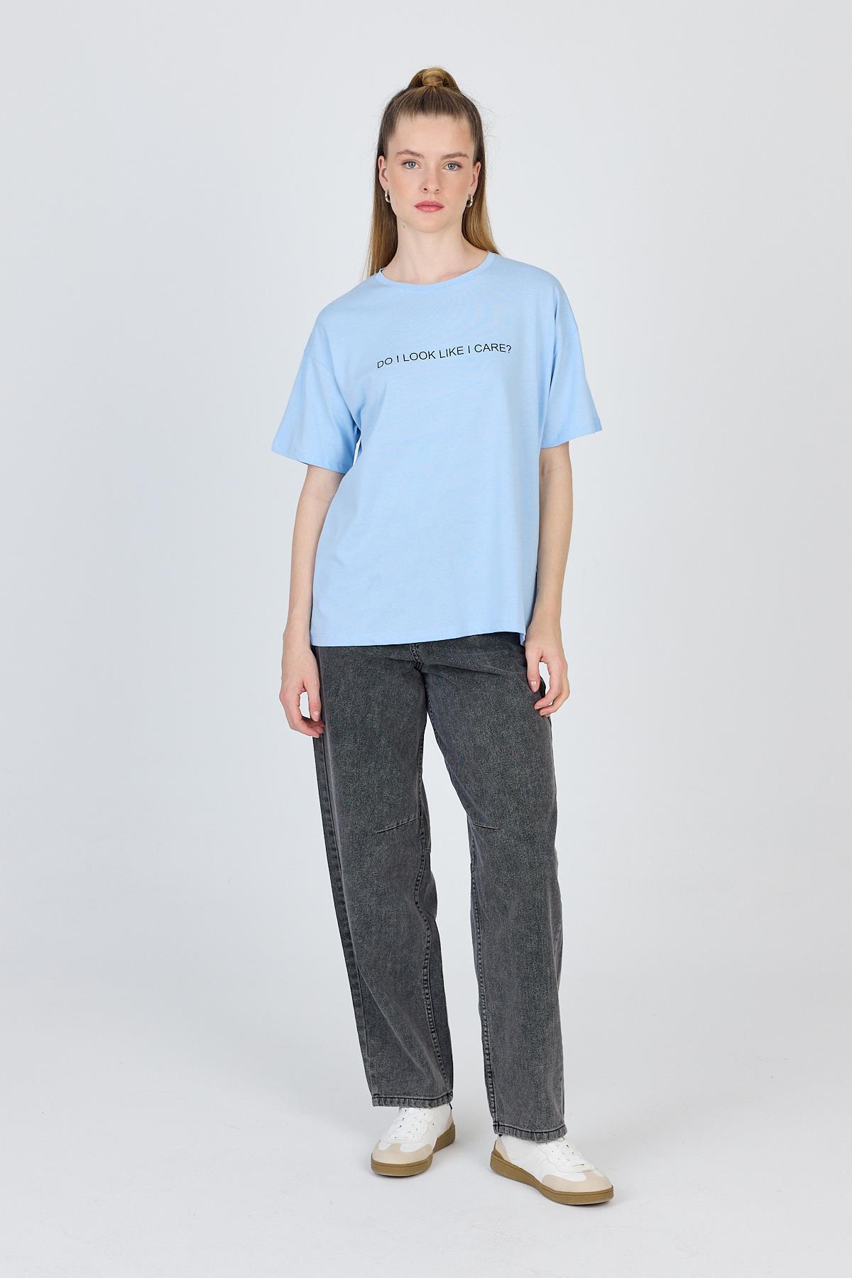 Mavi Yazı Baskılı %100 Pamuk Oversize Tişört 2150-5M - RAYS