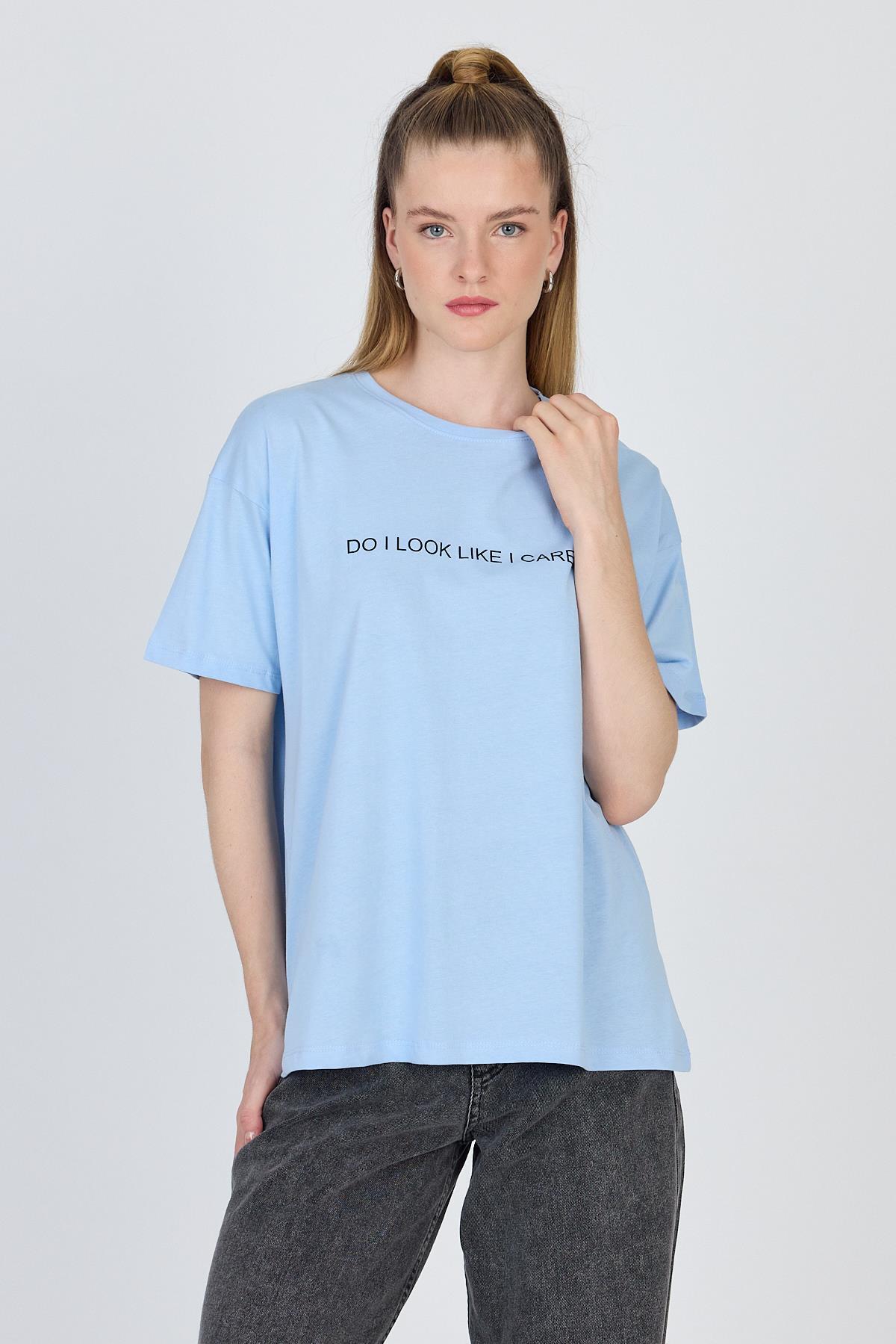 Mavi Yazı Baskılı %100 Pamuk Oversize Tişört 2150-5M - 1