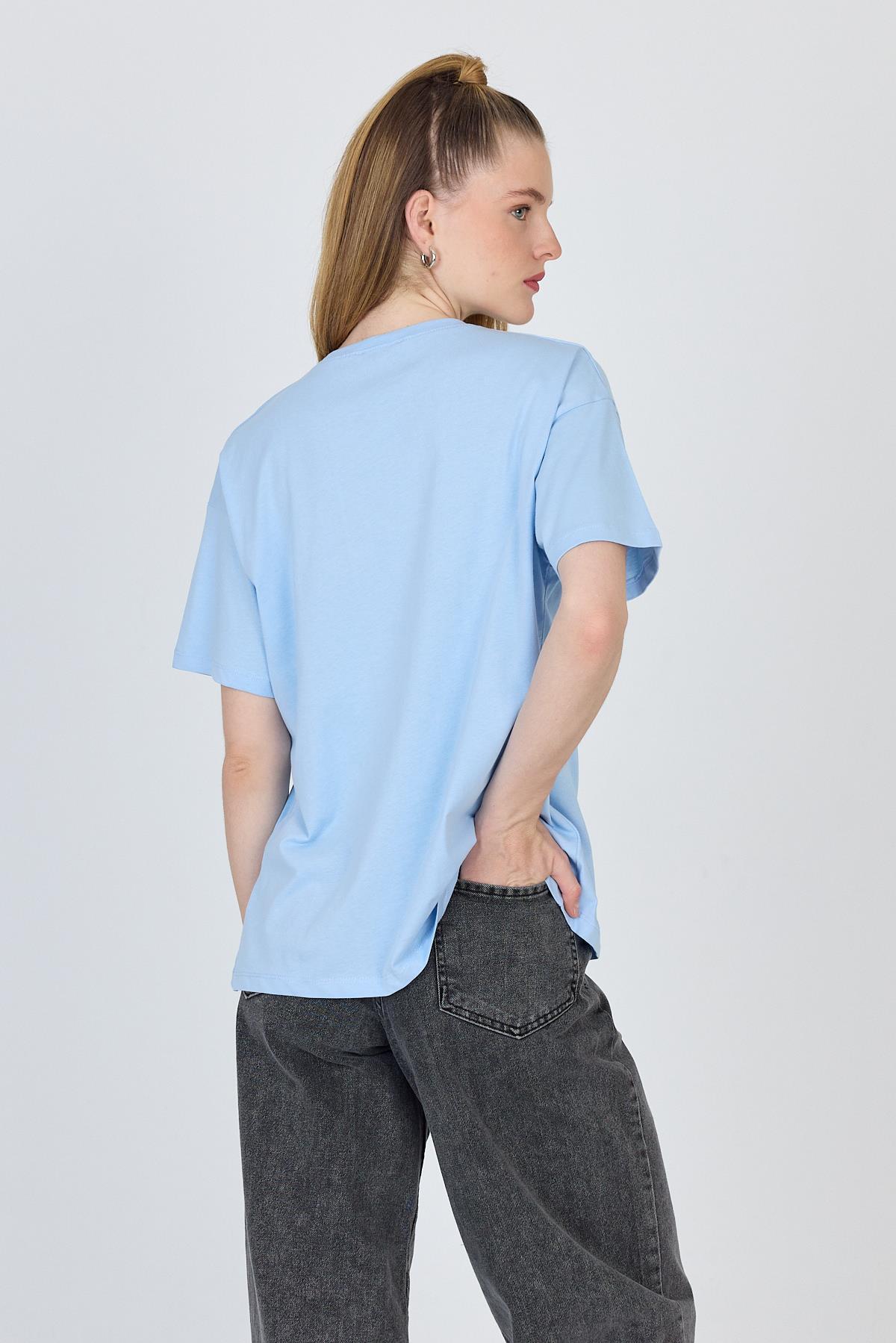 Mavi Yazı Baskılı %100 Pamuk Oversize Tişört 2150-5M - 6
