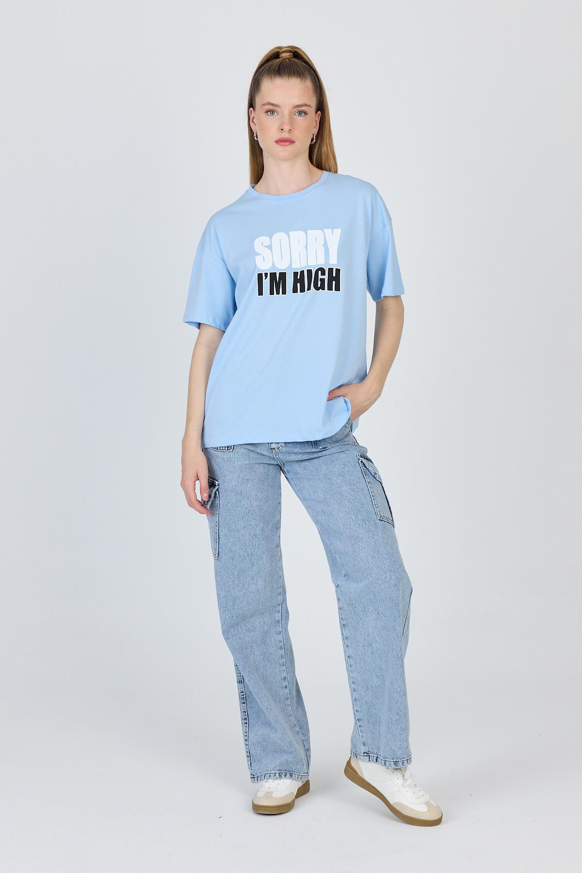 Mavi Yazı Baskılı %100 Pamuk Oversize Tişört 2150-7M - RAYS