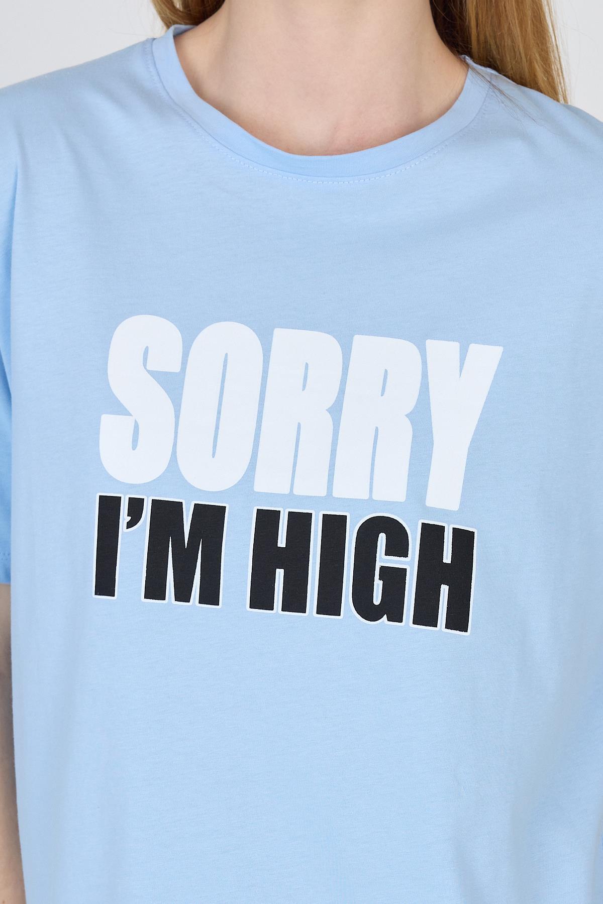 Mavi Yazı Baskılı %100 Pamuk Oversize Tişört 2150-7M - RAYS