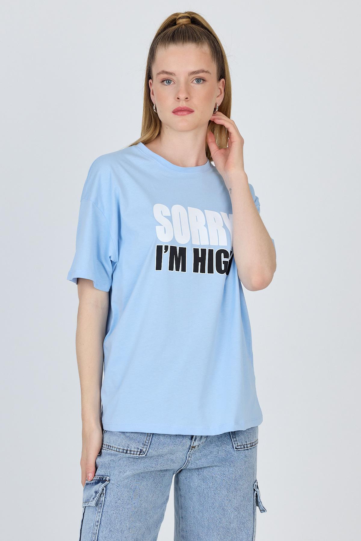 Mavi Yazı Baskılı %100 Pamuk Oversize Tişört 2150-7M 