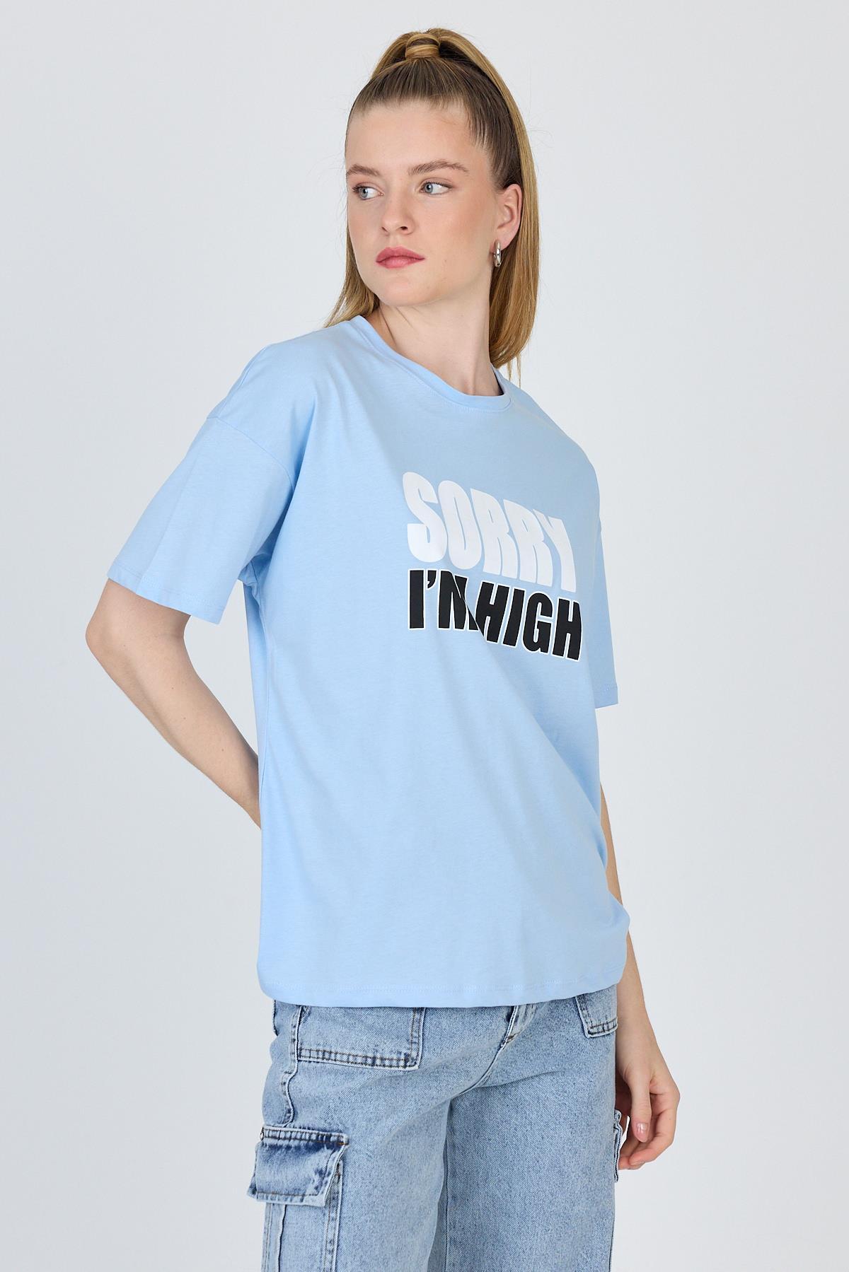 Mavi Yazı Baskılı %100 Pamuk Oversize Tişört 2150-7M - 3