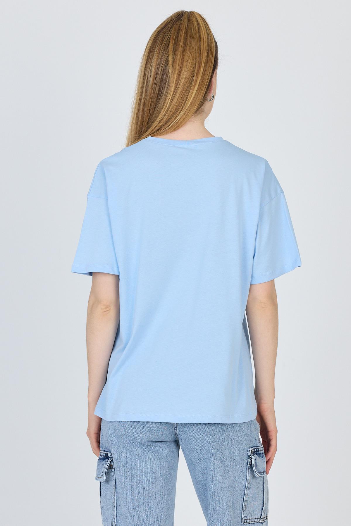 Mavi Yazı Baskılı %100 Pamuk Oversize Tişört 2150-7M - 5