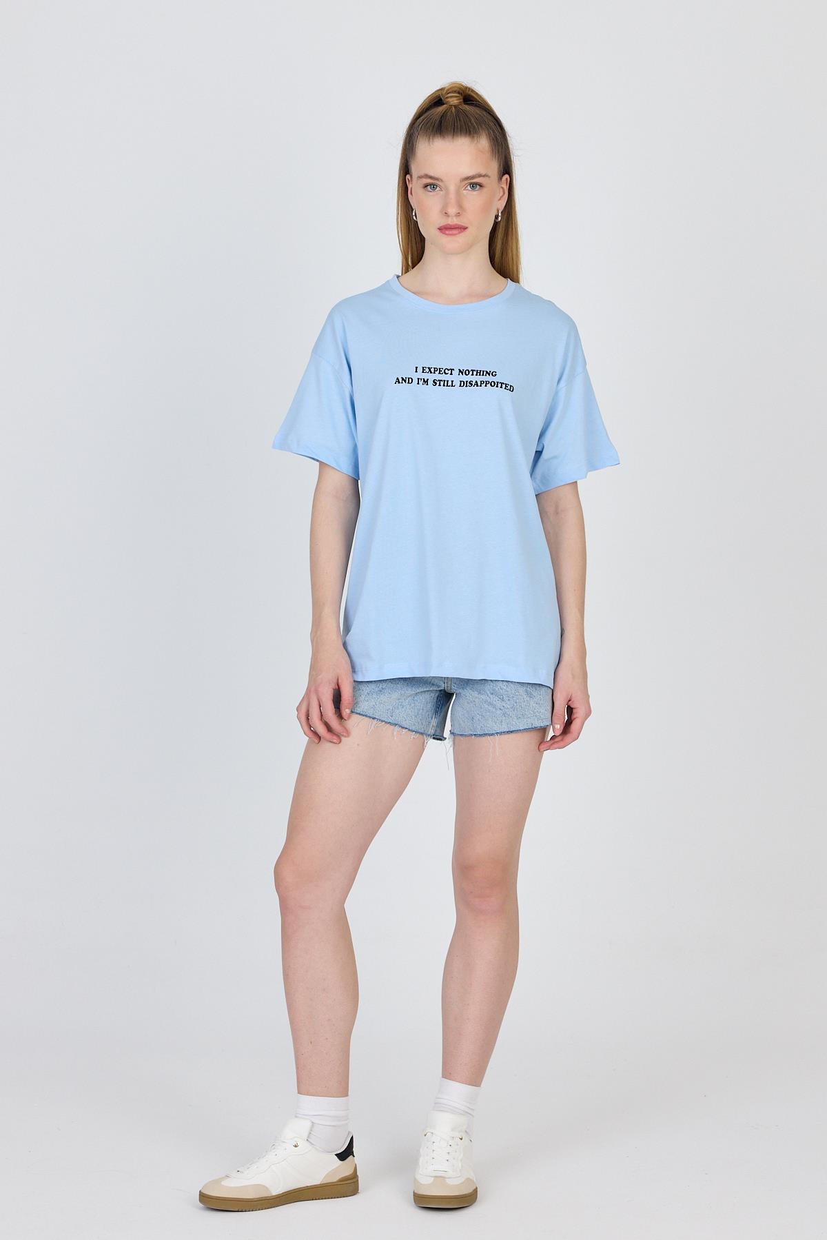 Mavi Yazı Baskılı %100 Pamuk Oversize Tişört 2150-8M - RAYS