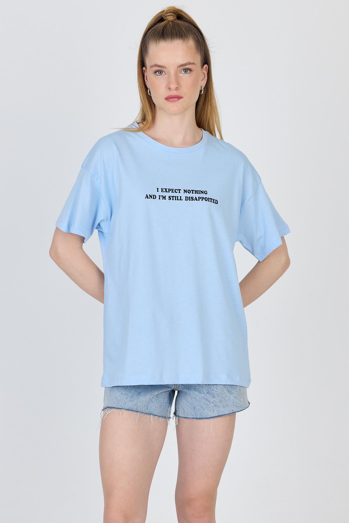 Mavi Yazı Baskılı %100 Pamuk Oversize Tişört 2150-8M - 2