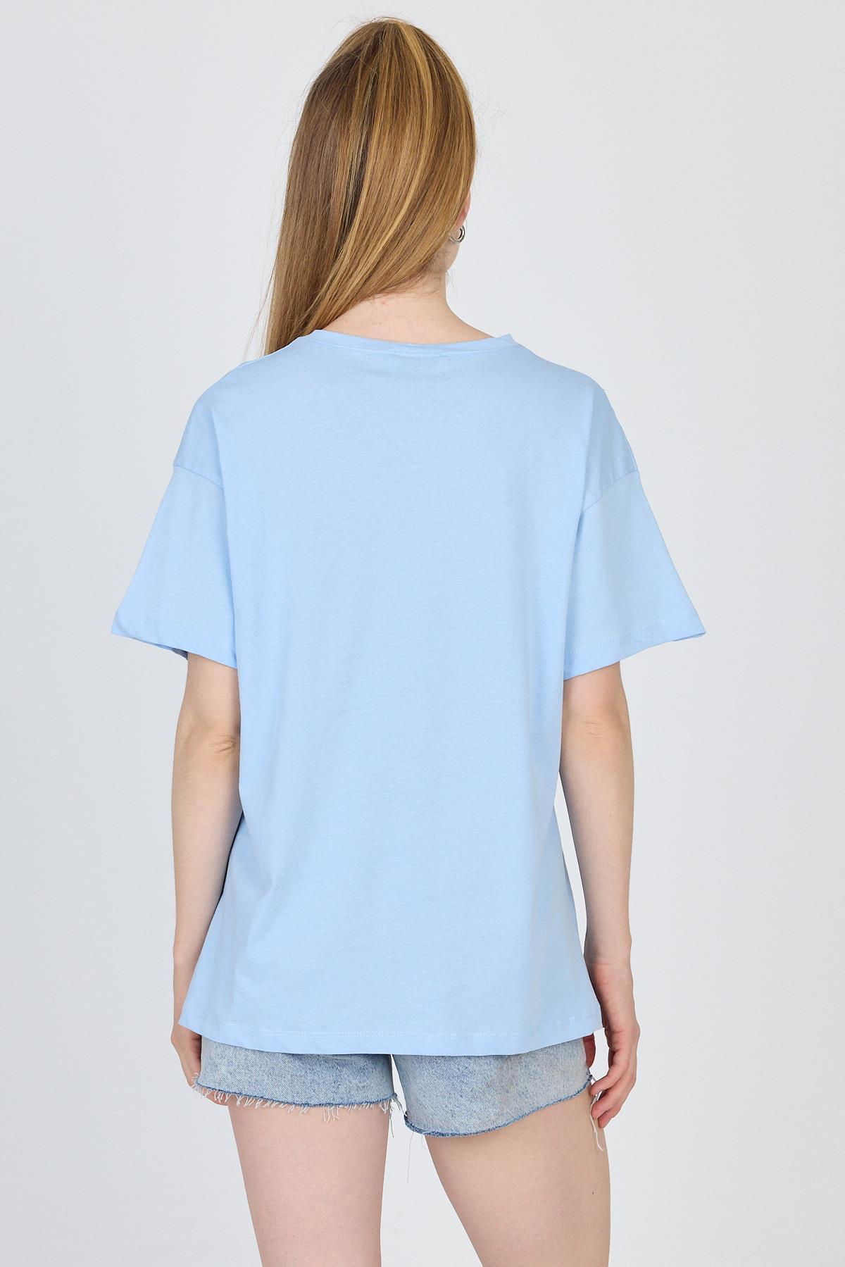 Mavi Yazı Baskılı %100 Pamuk Oversize Tişört 2150-8M - 5