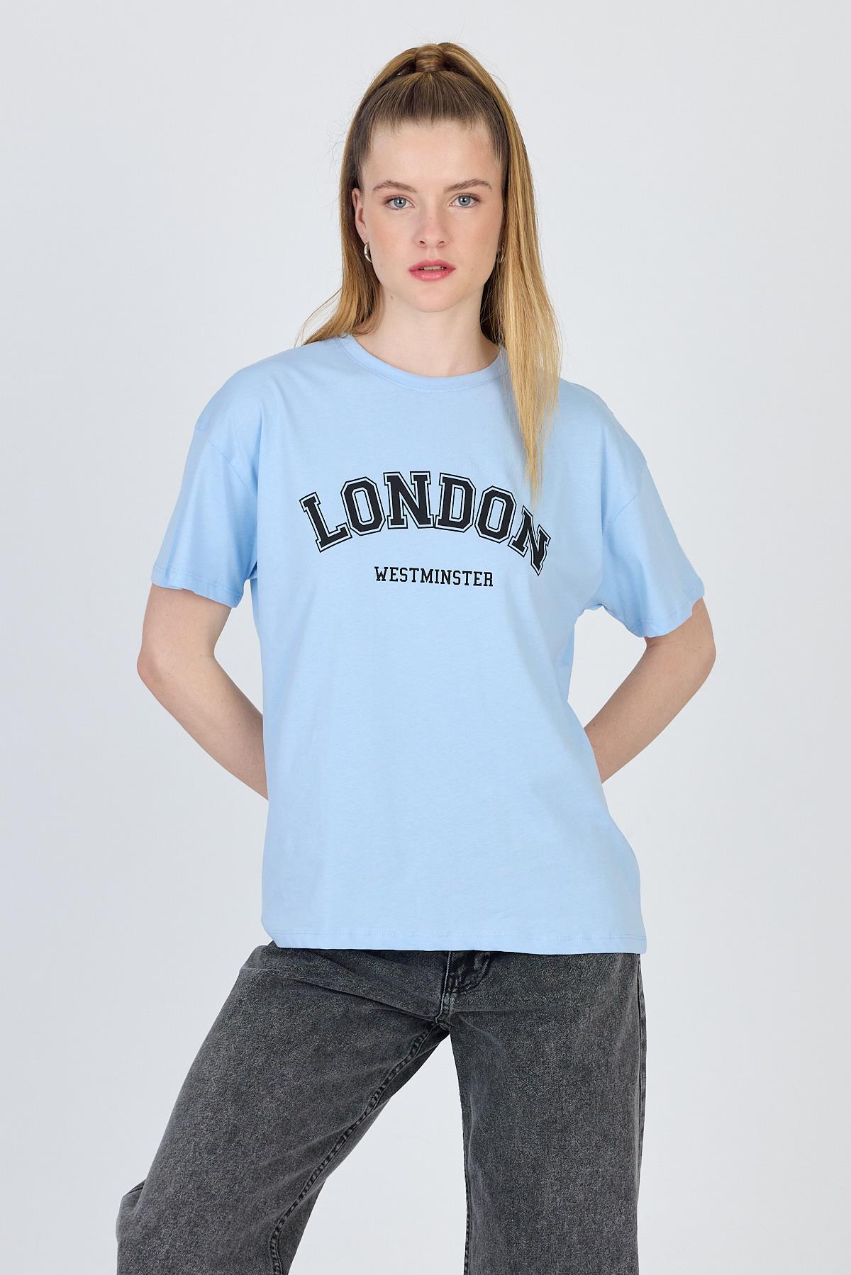 Mavi Yazı Baskılı %100 Pamuk Oversize Tişört 2150-9M - RAYS