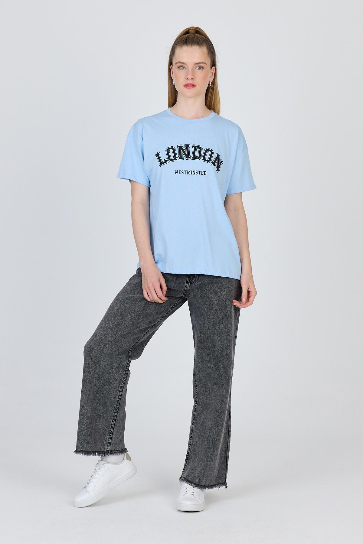 Mavi Yazı Baskılı %100 Pamuk Oversize Tişört 2150-9M - RAYS