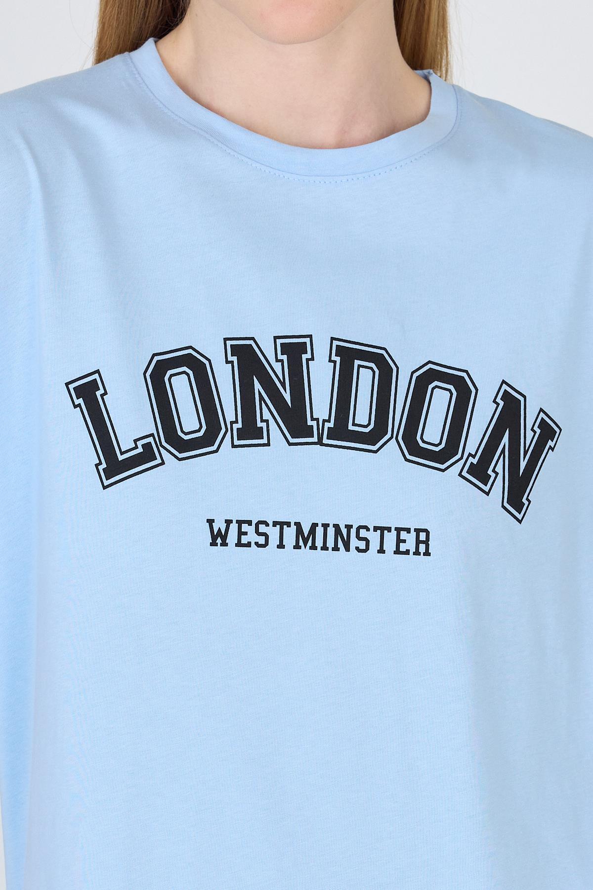 Mavi Yazı Baskılı %100 Pamuk Oversize Tişört 2150-9M - RAYS