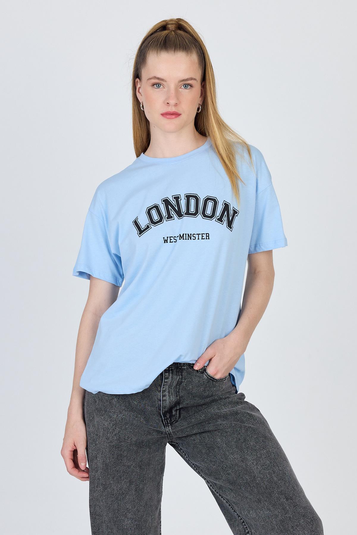 Mavi Yazı Baskılı %100 Pamuk Oversize Tişört 2150-9M - 1