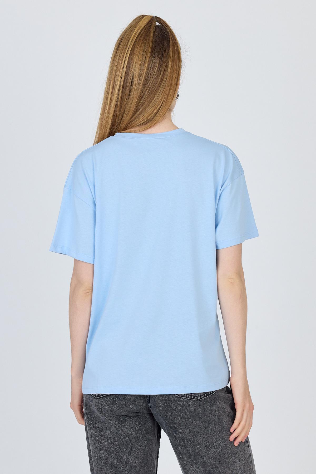 Mavi Yazı Baskılı %100 Pamuk Oversize Tişört 2150-9M - 5