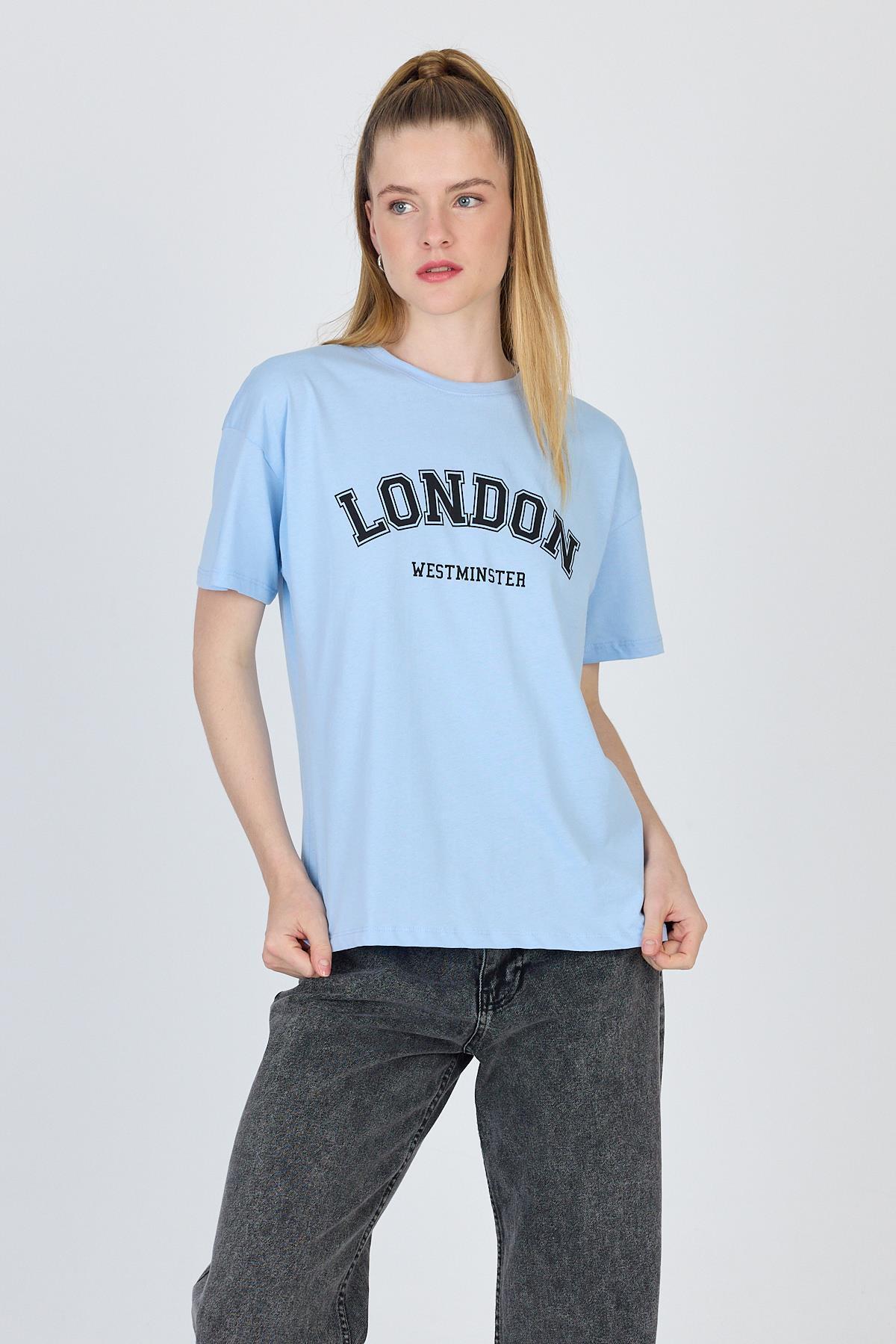Mavi Yazı Baskılı %100 Pamuk Oversize Tişört 2150-9M - 6