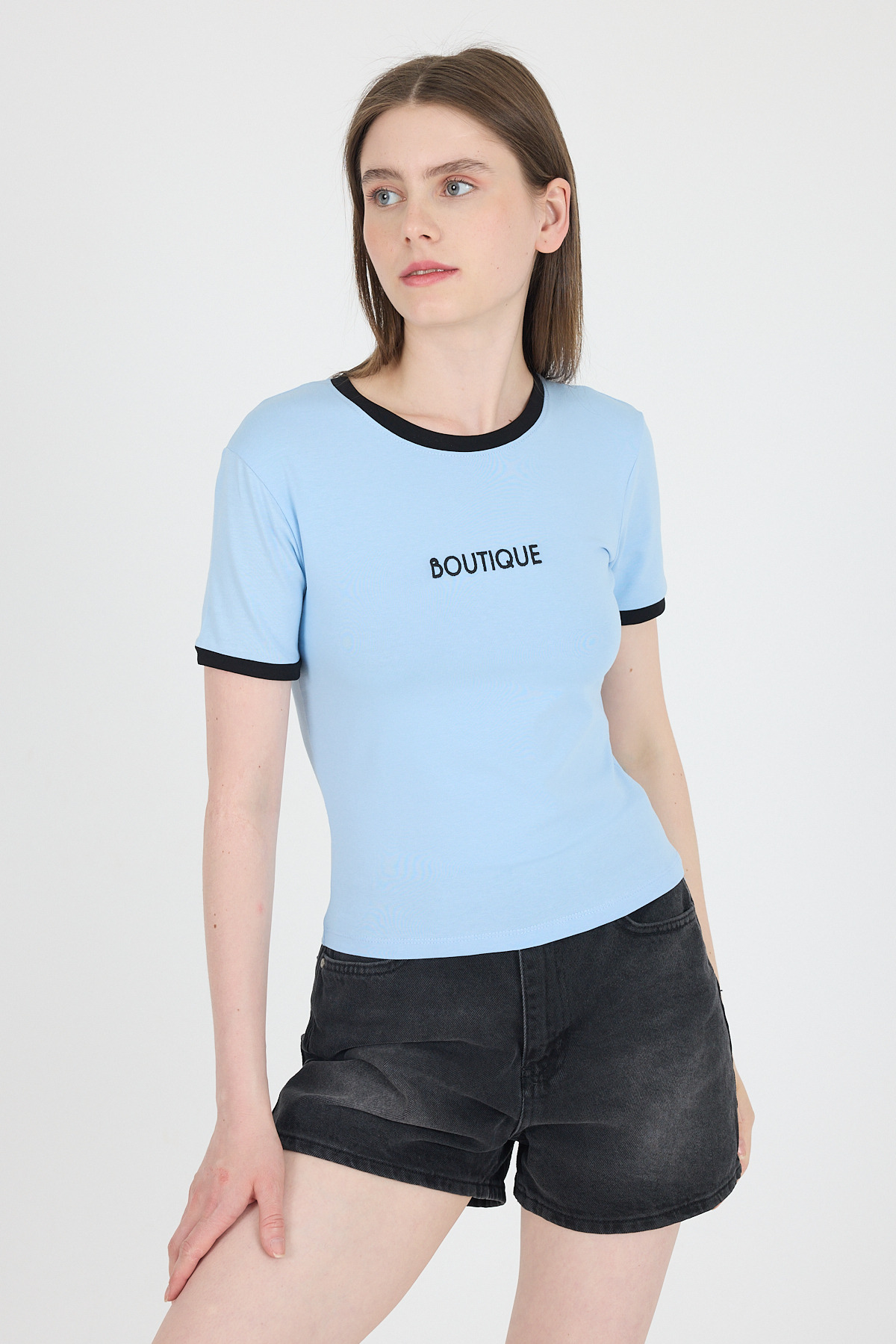 Mavi Yazı Baskılı Biyeli Pamuklu Slim Fit Tişört 9192M - 2