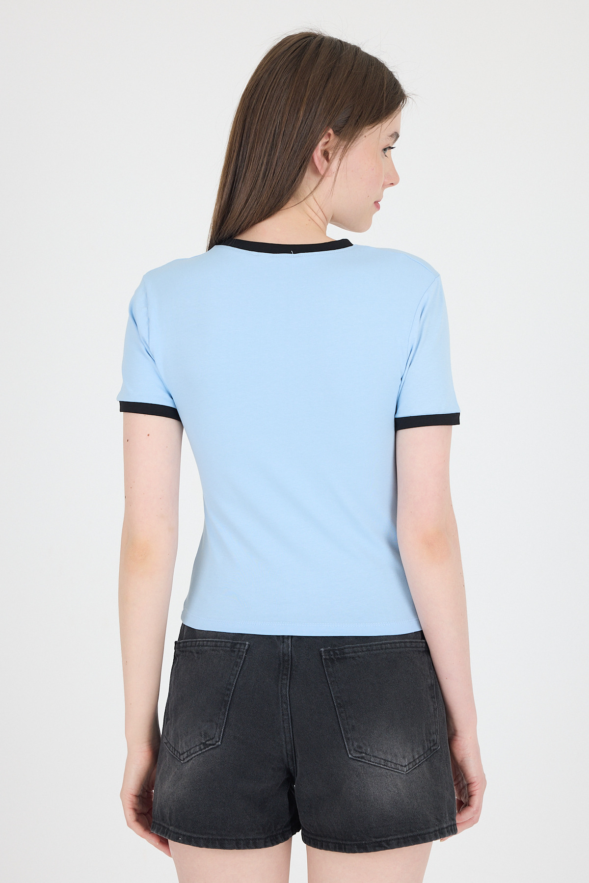 Mavi Yazı Baskılı Biyeli Pamuklu Slim Fit Tişört 9192M - 5