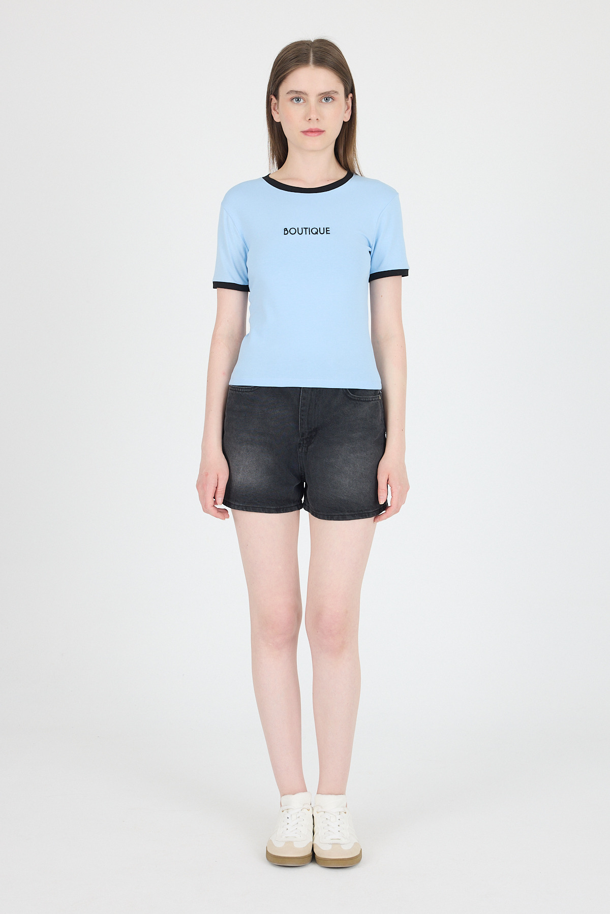 Mavi Yazı Baskılı Biyeli Pamuklu Slim Fit Tişört 9192M - 6