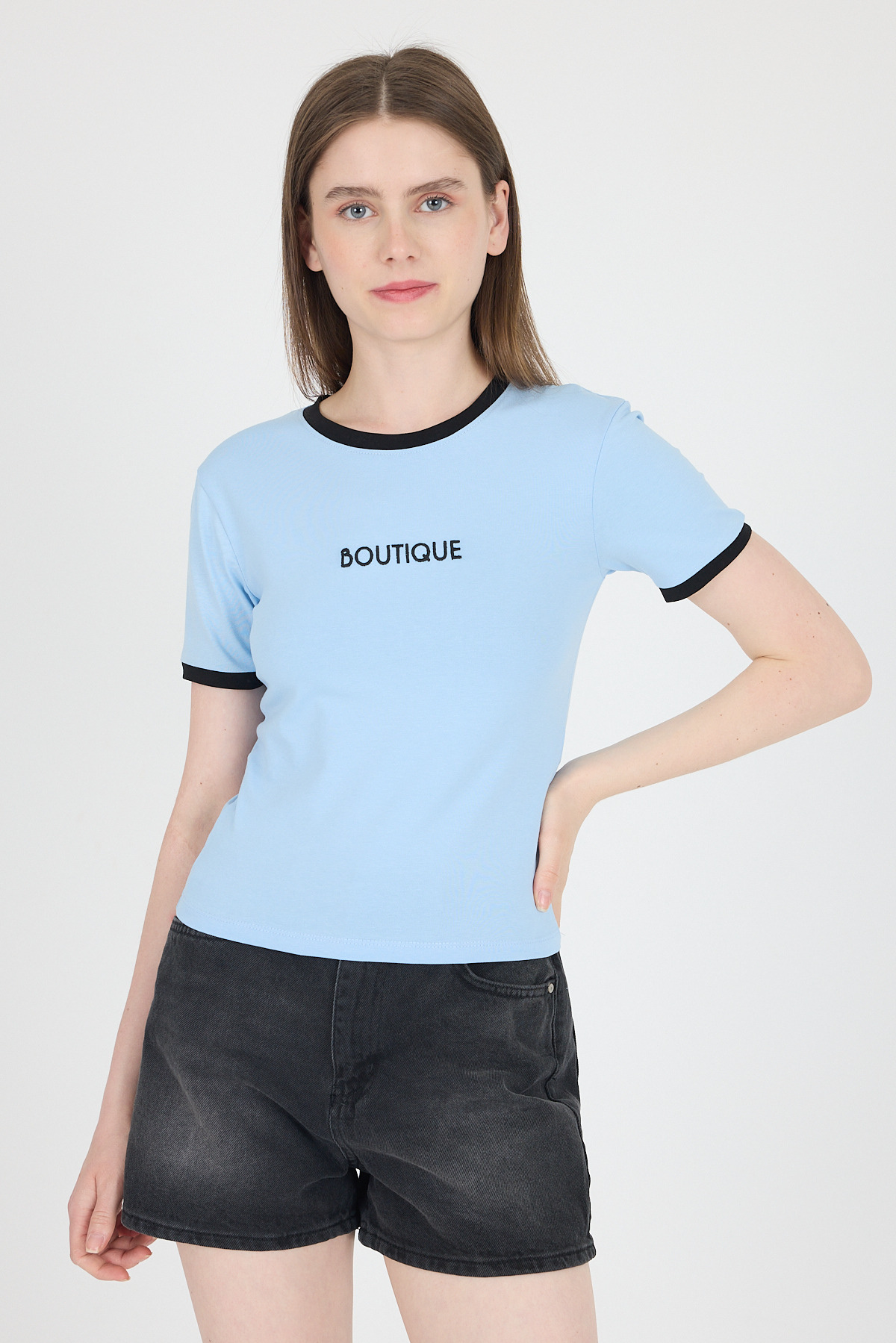 Mavi Yazı Baskılı Biyeli Pamuklu Slim Fit Tişört 9192M - 1