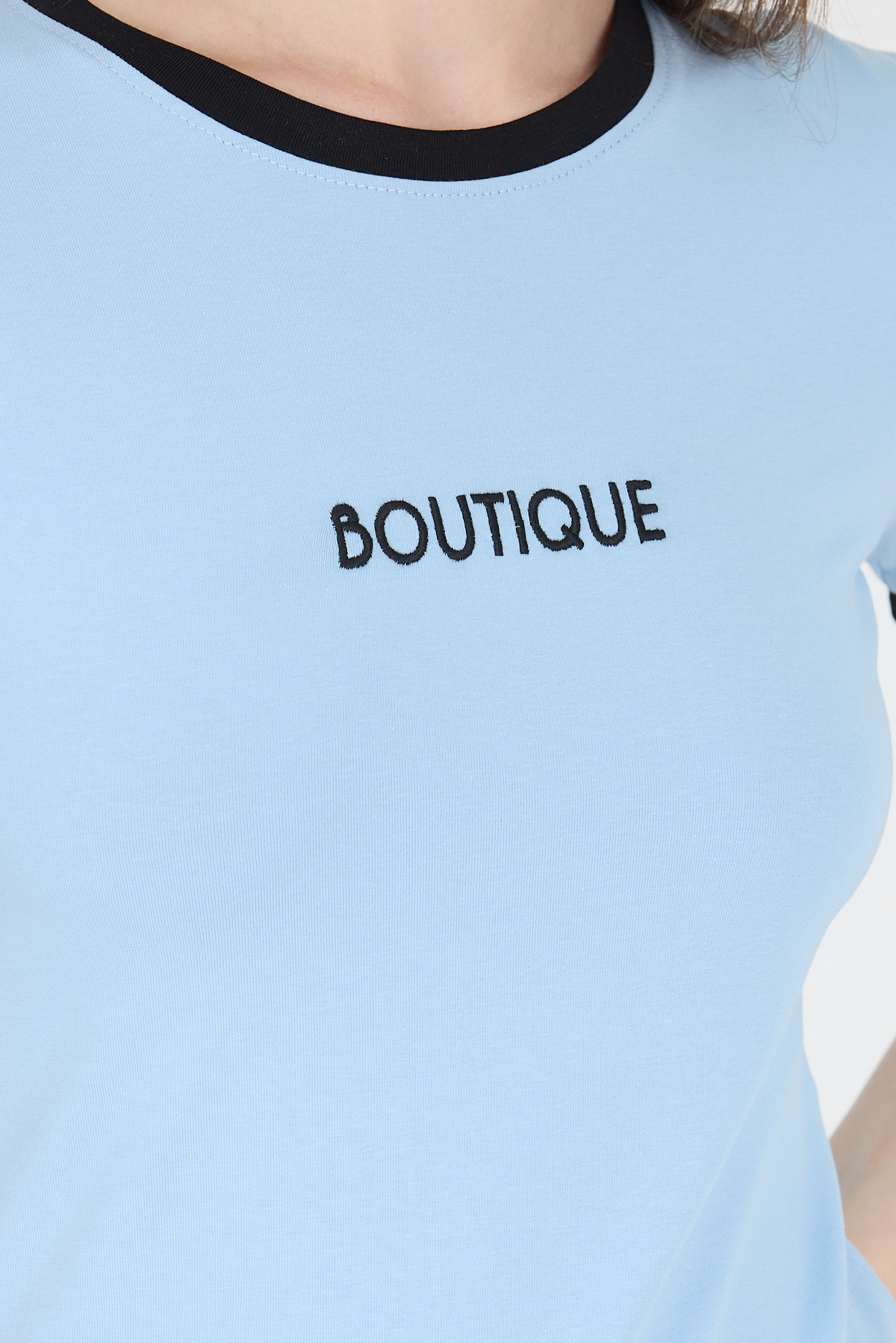 Mavi Yazı Baskılı Biyeli Pamuklu Slim Fit Tişört 9192M - 4