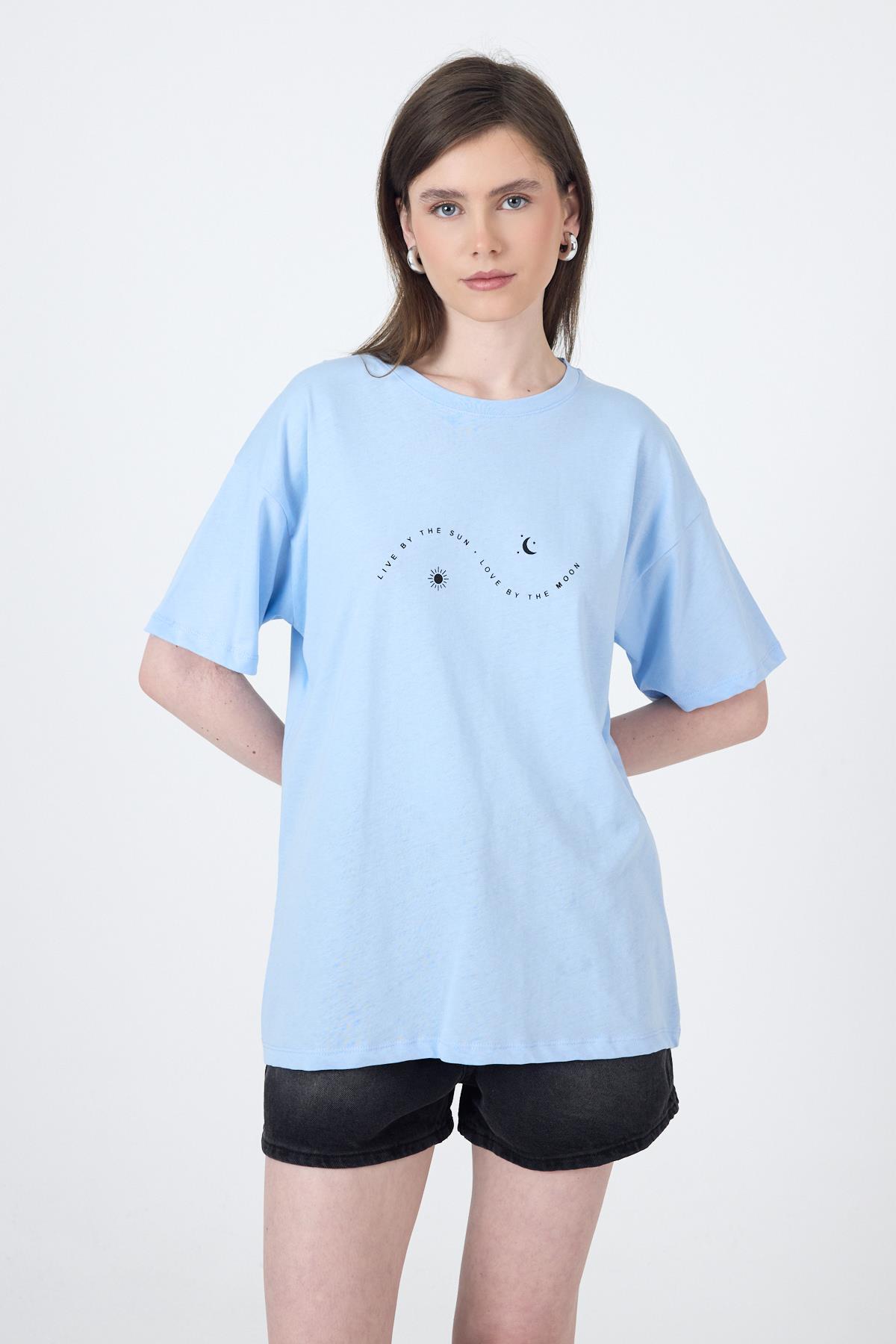 Mavi Yazı Baskılı Oversize Pamuklu Tişört 2150-32M - 1