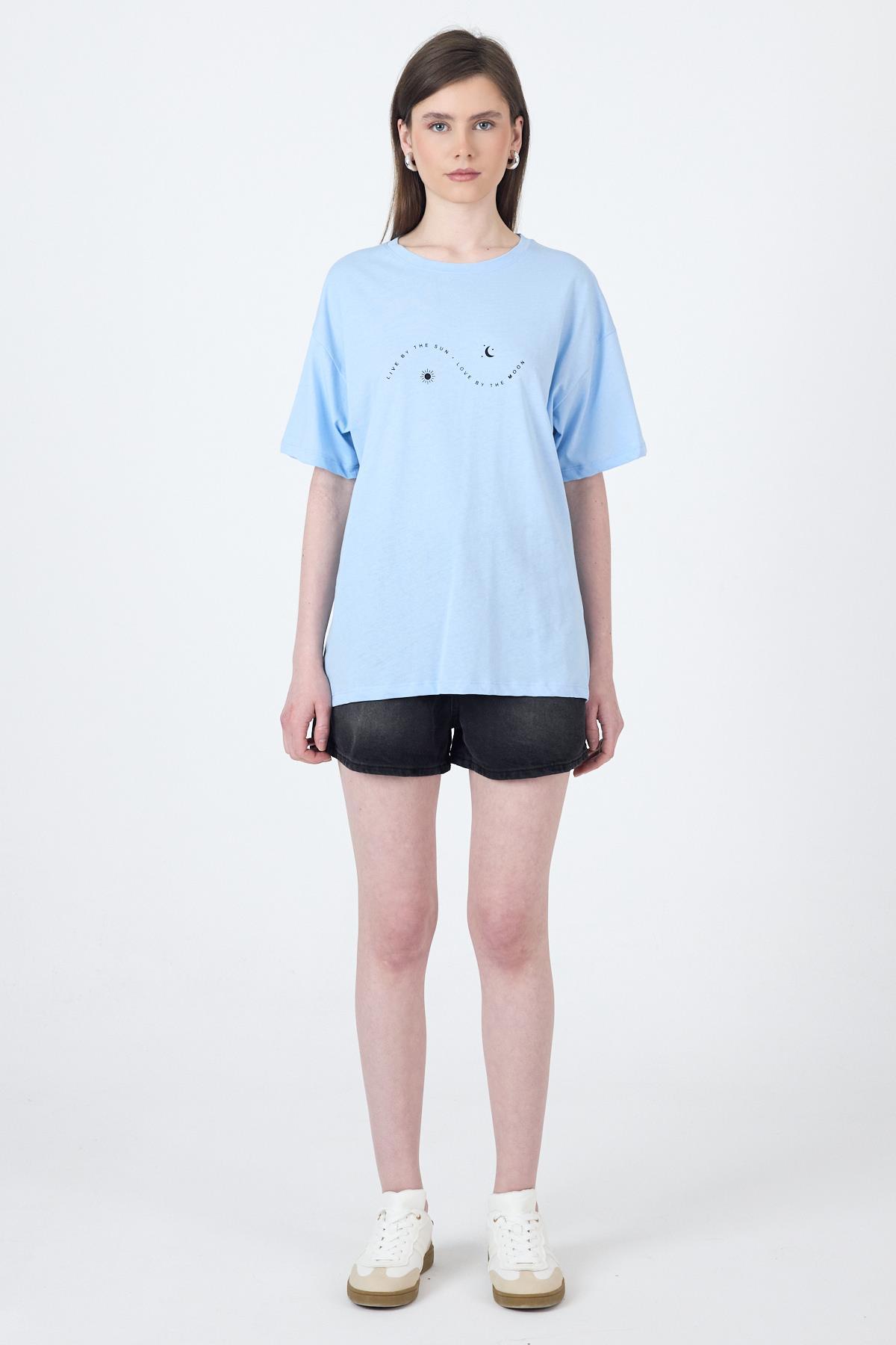 Mavi Yazı Baskılı Oversize Pamuklu Tişört 2150-32M - RAYS