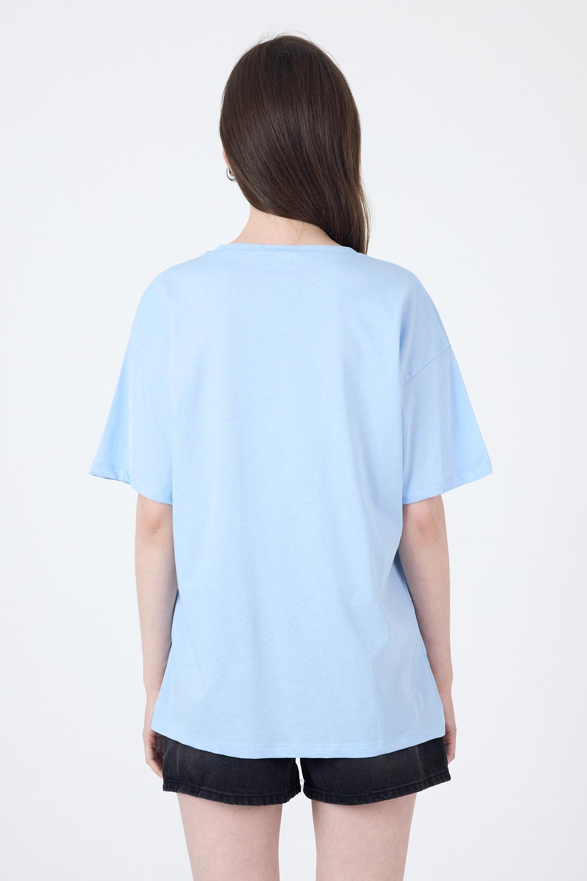 Mavi Yazı Baskılı Oversize Pamuklu Tişört 2150-32M - 5