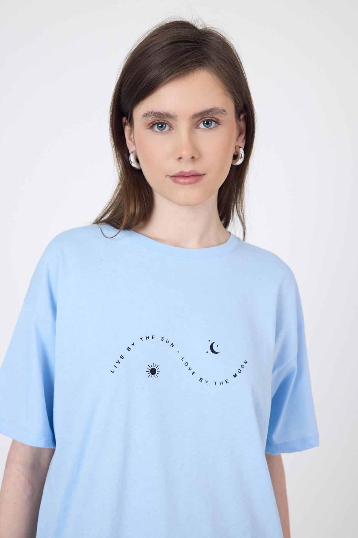 Mavi Yazı Baskılı Oversize Pamuklu Tişört 2150-32M - 4