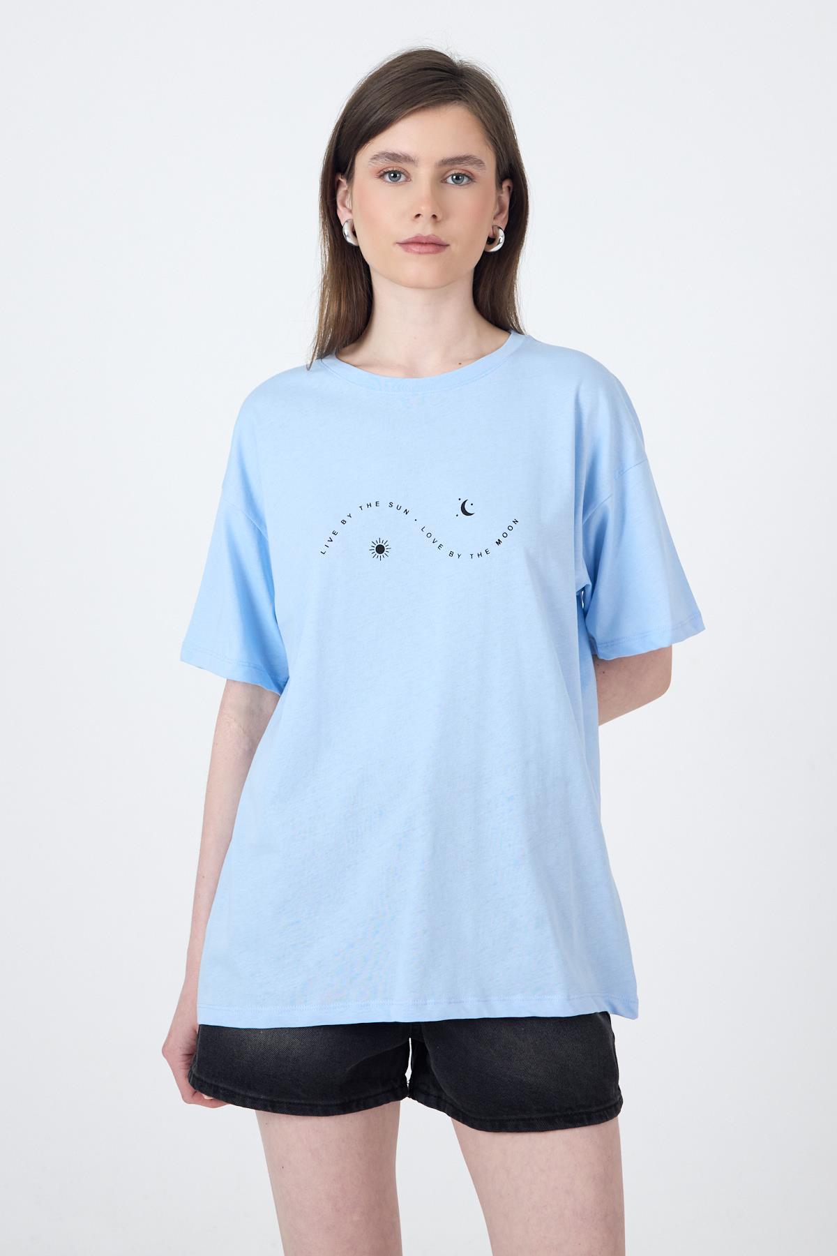 Mavi Yazı Baskılı Oversize Pamuklu Tişört 2150-32M - 3