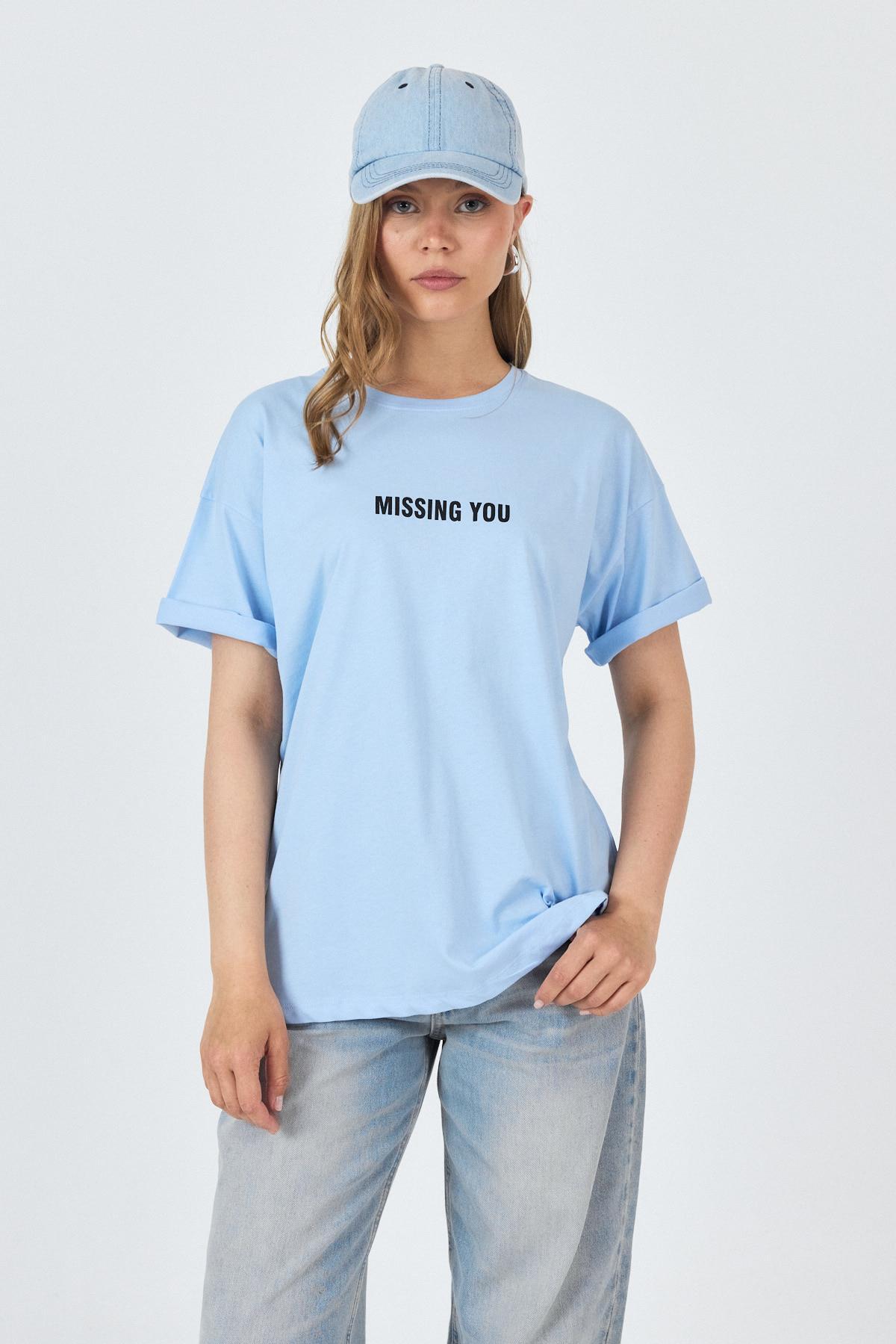 Mavi Yazı Baskılı Pamuklu Oversize Tişört 2150-6M - 1